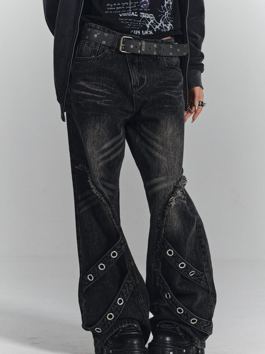 YUKAHOUSE Washed Black Frayed 3d Embellished Punk Women's Cotton Straight-leg Jeans