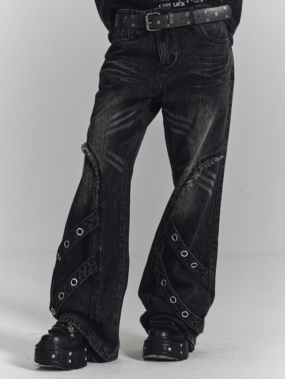 YUKAHOUSE Washed Black Frayed 3d Embellished Punk Women's Cotton Straight-leg Jeans