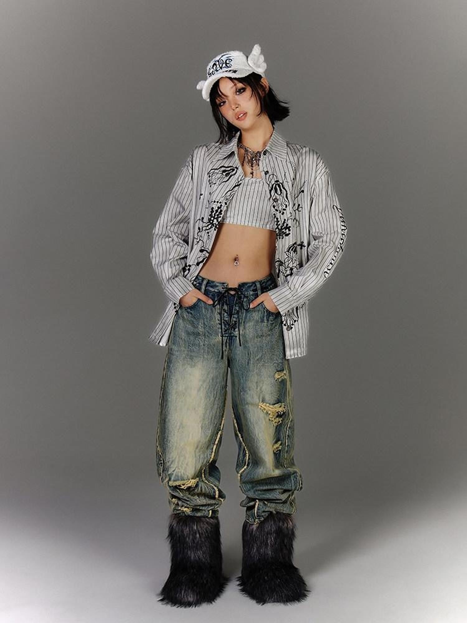 YUKAHOUSE Washed Blue Vintage Distressed Ripped Loose Women's Denim Wide-leg Jeans