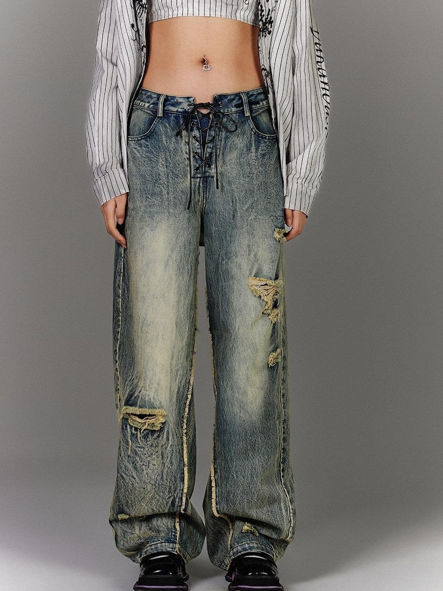YUKAHOUSE Washed Blue Vintage Distressed Ripped Loose Women's Denim Wide-leg Jeans