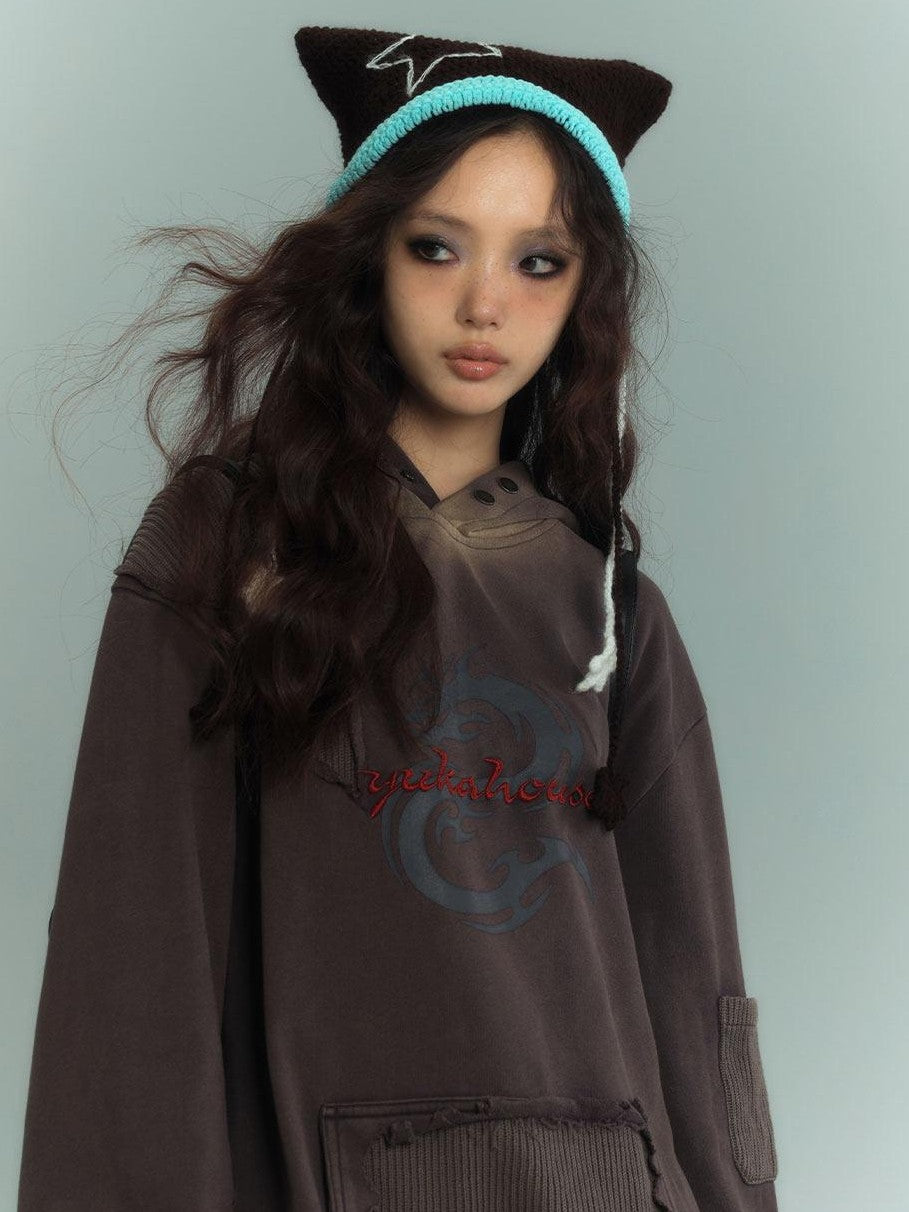 YUKAHOUSE Washed Patchwork Distressed Hooded Zip Print Women's Cotton Fleece Sweatshirts