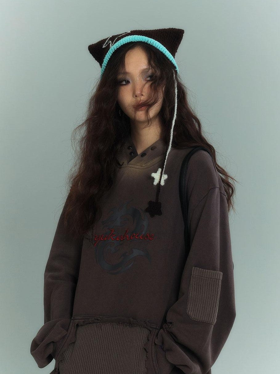 YUKAHOUSE Washed Patchwork Distressed Hooded Zip Print Women's Cotton Fleece Sweatshirts