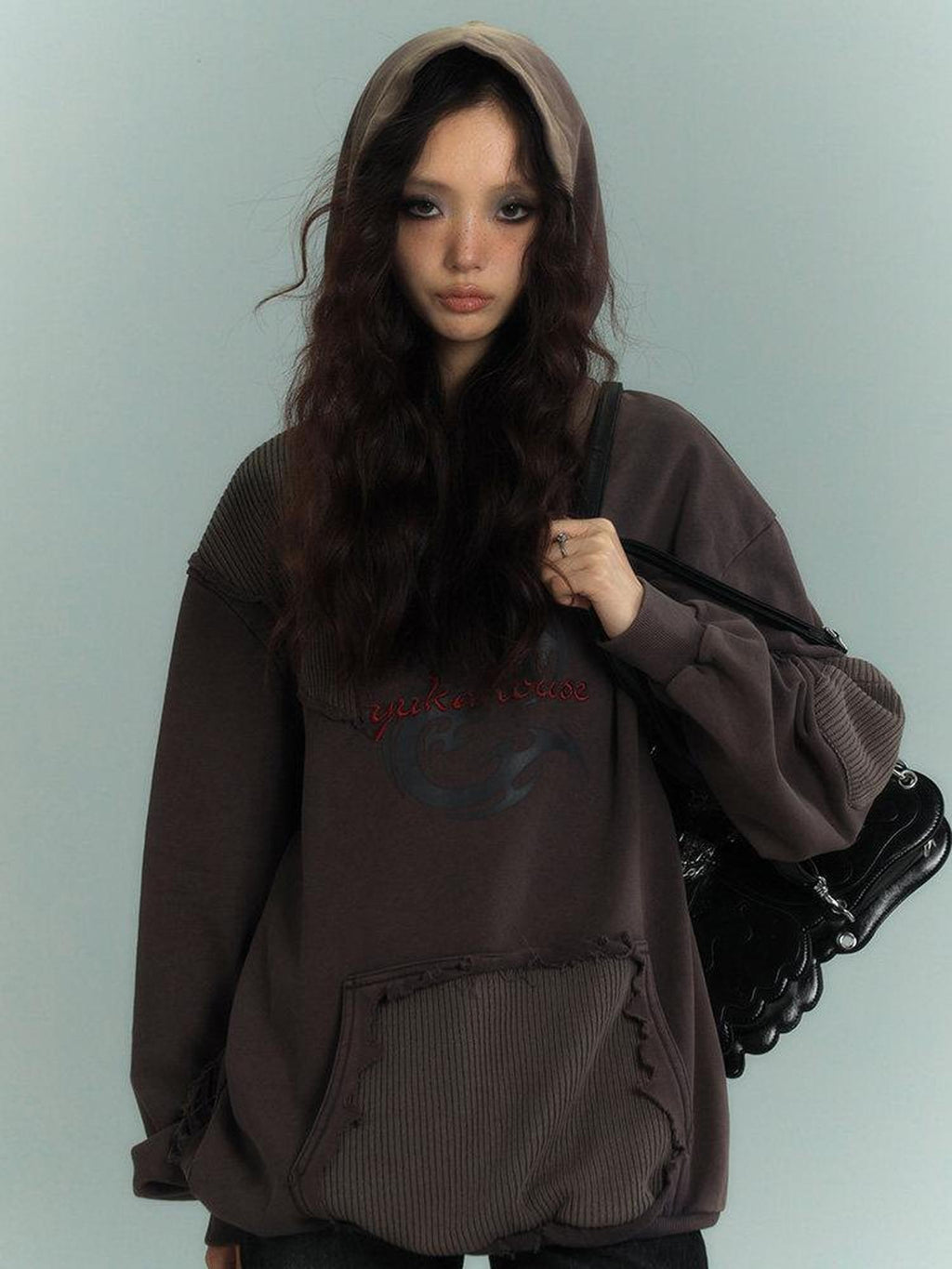 YUKAHOUSE Washed Patchwork Distressed Hooded Zip Print Women's Cotton Fleece Sweatshirts