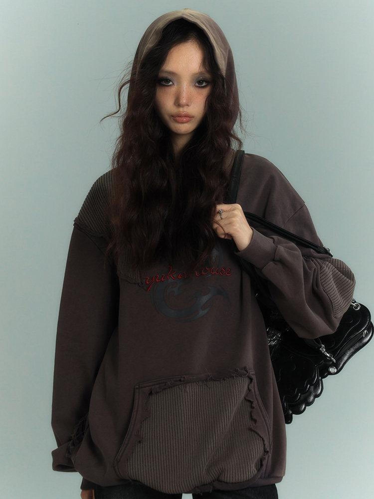 YUKAHOUSE Washed Patchwork Distressed Hooded Zip Print Women's Cotton Fleece Sweatshirts