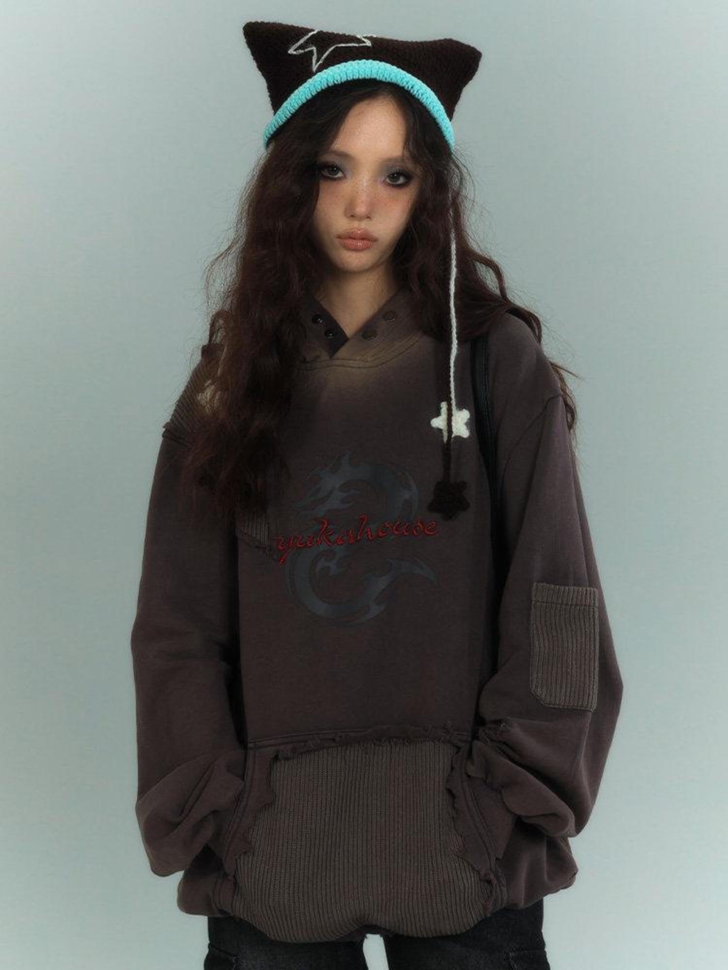 YUKAHOUSE Washed Patchwork Distressed Hooded Zip Print Women's Cotton Fleece Sweatshirts