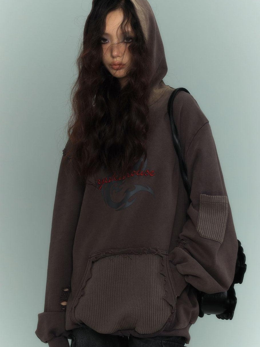 YUKAHOUSE Washed Patchwork Distressed Hooded Zip Print Women's Cotton Fleece Sweatshirts