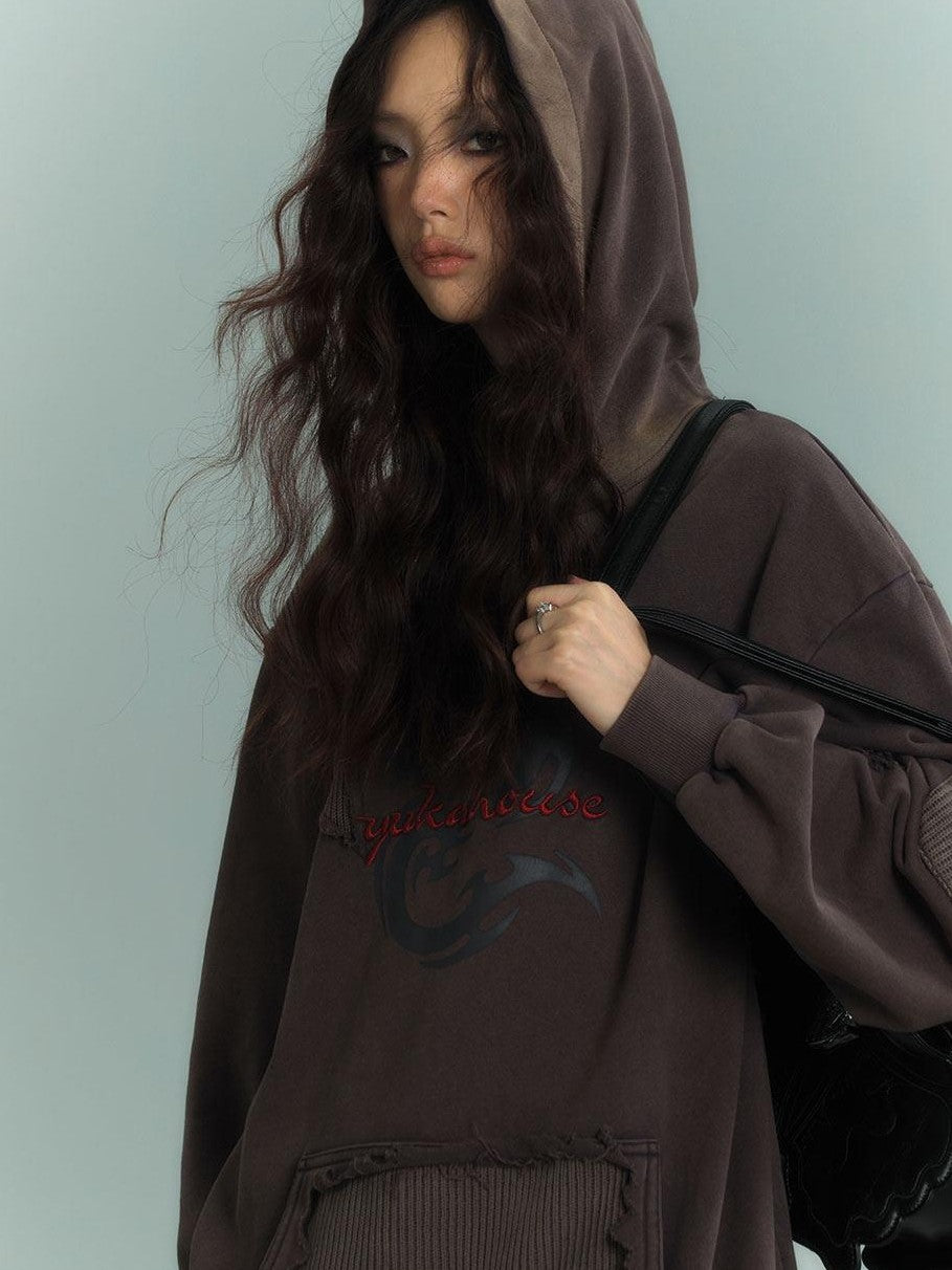 YUKAHOUSE Washed Patchwork Distressed Hooded Zip Print Women's Cotton Fleece Sweatshirts