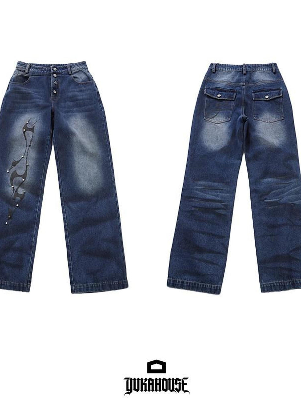 YUKAHOUSE Whisker Distressed Washed Loose Vintage Women's Cotton Straight-leg Jeans