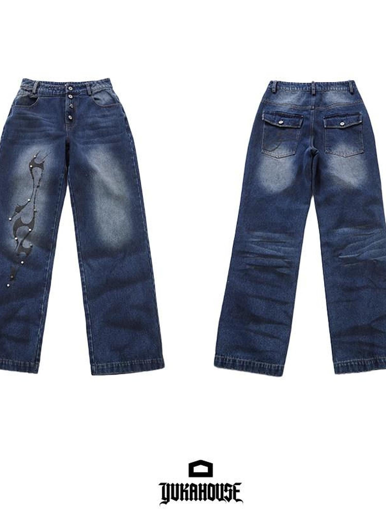YUKAHOUSE Whisker Distressed Washed Loose Vintage Women's Cotton Straight-leg Jeans