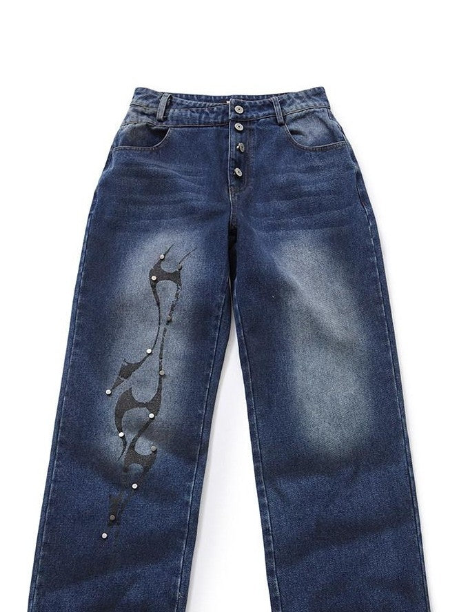 YUKAHOUSE Whisker Distressed Washed Loose Vintage Women's Cotton Straight-leg Jeans