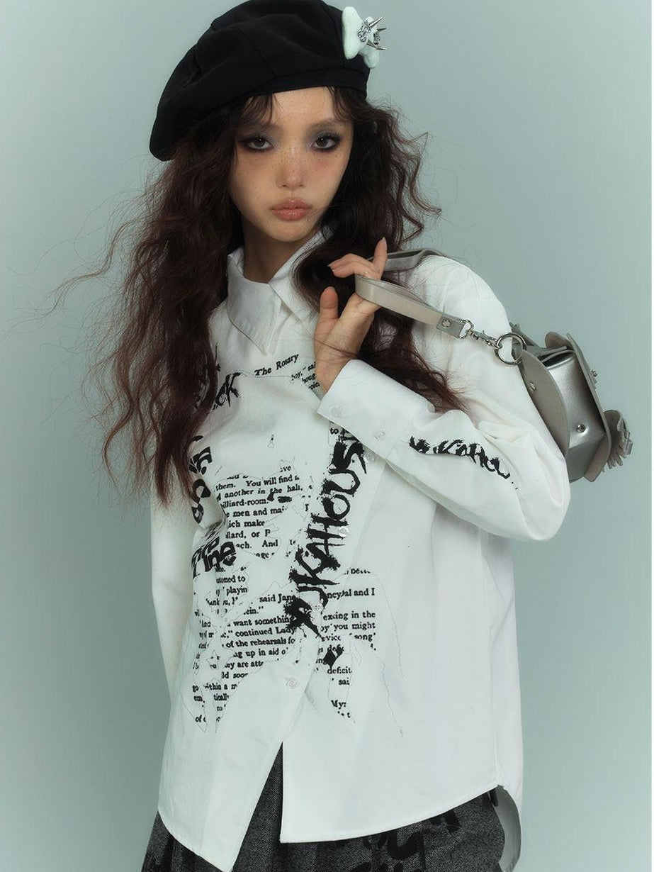 YUKAHOUSE White Alphabet Graffiti Print Crew Neck Women's Cotton Long Sleeve T-shirts