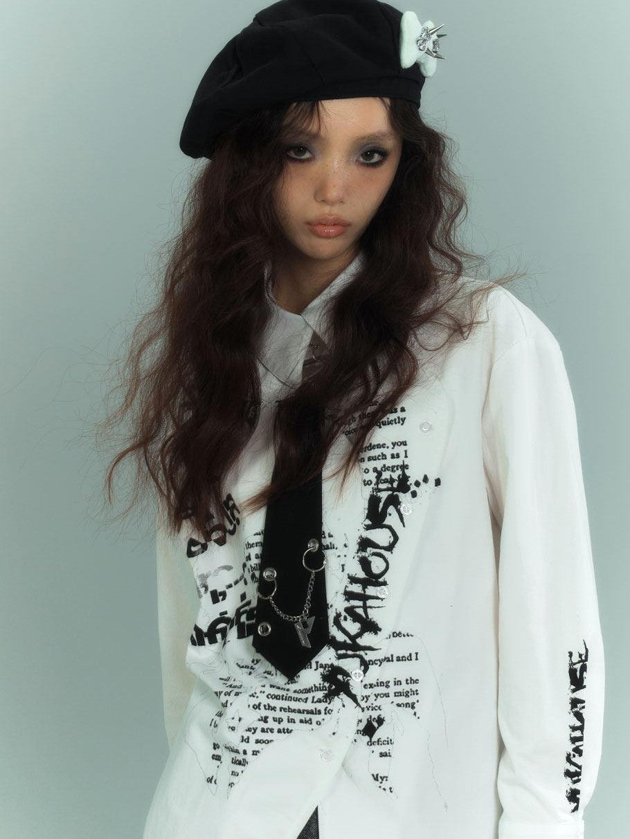 YUKAHOUSE White Alphabet Graffiti Print Crew Neck Women's Cotton Long Sleeve T-shirts