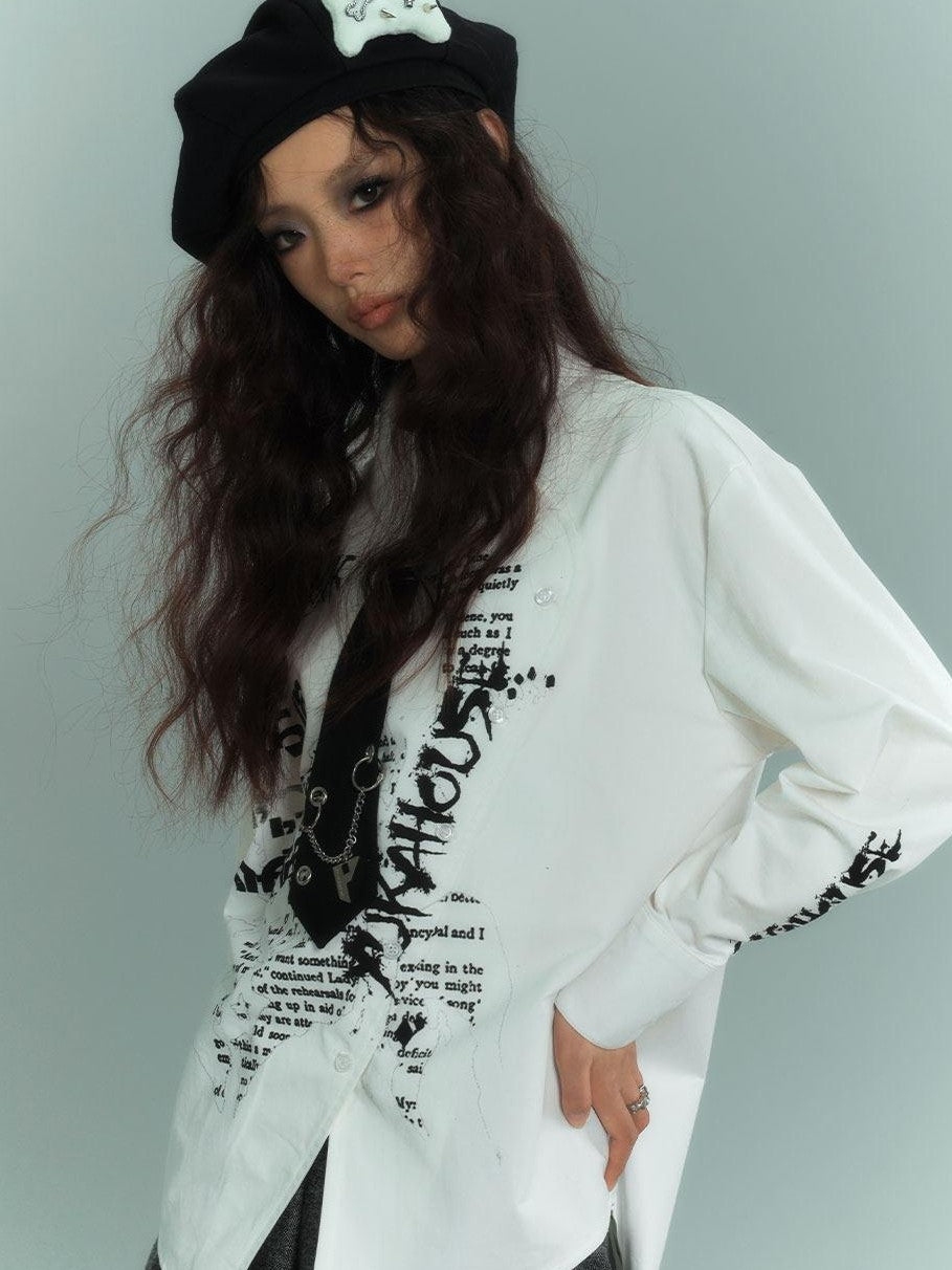YUKAHOUSE White Alphabet Graffiti Print Crew Neck Women's Cotton Long Sleeve T-shirts