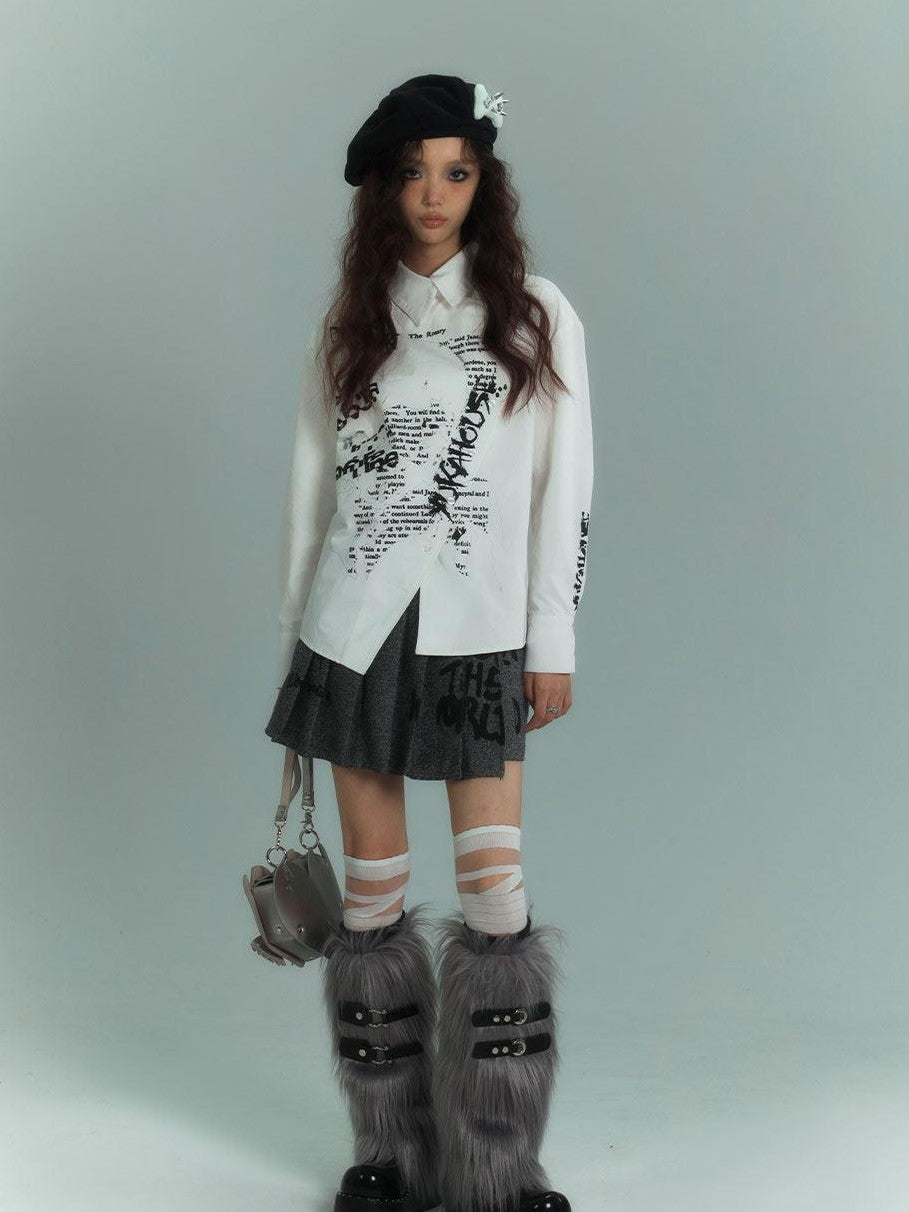 YUKAHOUSE White Alphabet Graffiti Print Crew Neck Women's Cotton Long Sleeve T-shirts