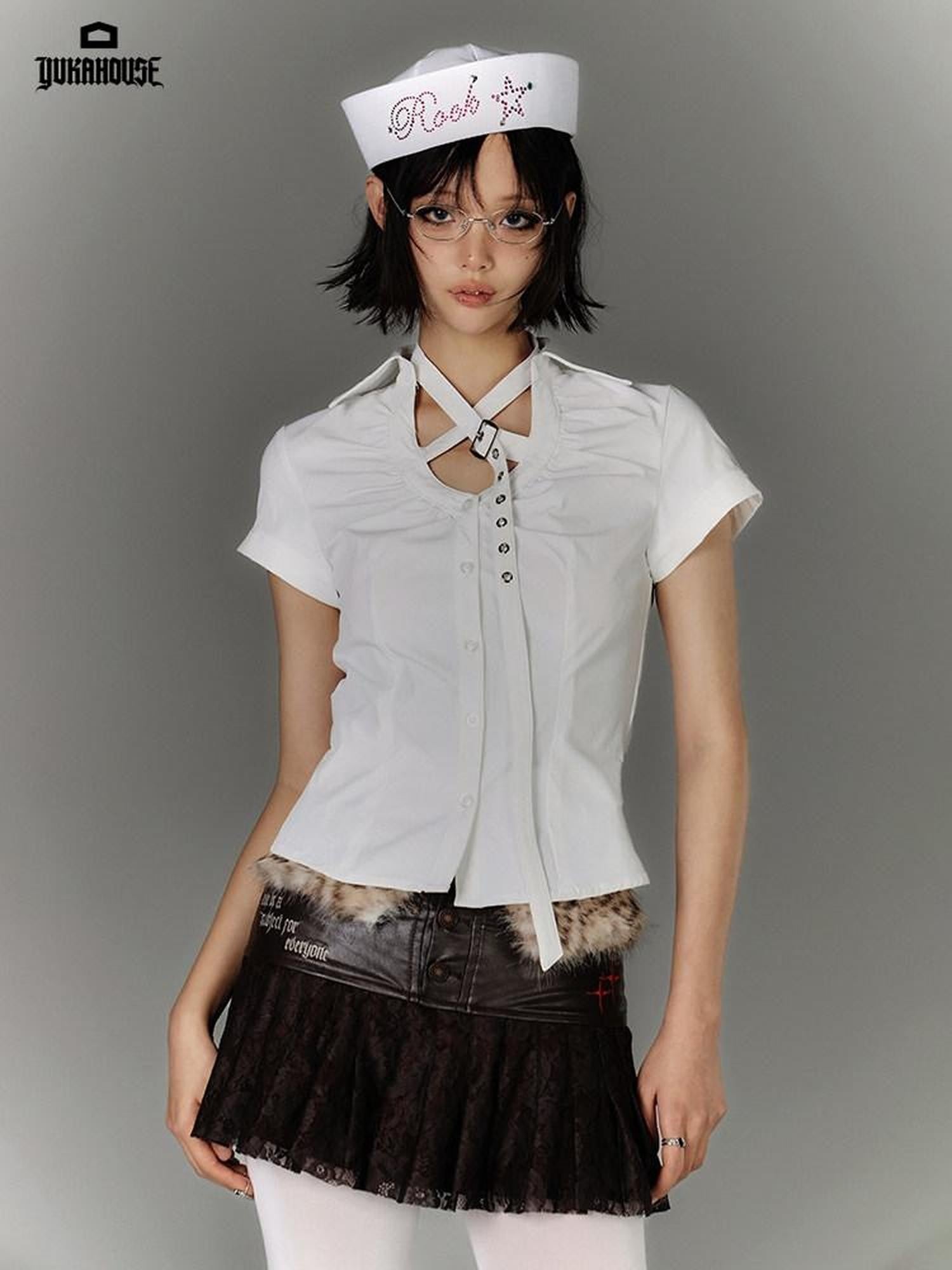 YUKAHOUSE White Butterfly Cutout Y2k Slim Silhouette Women's Nylon Spandex Cropped Shirts