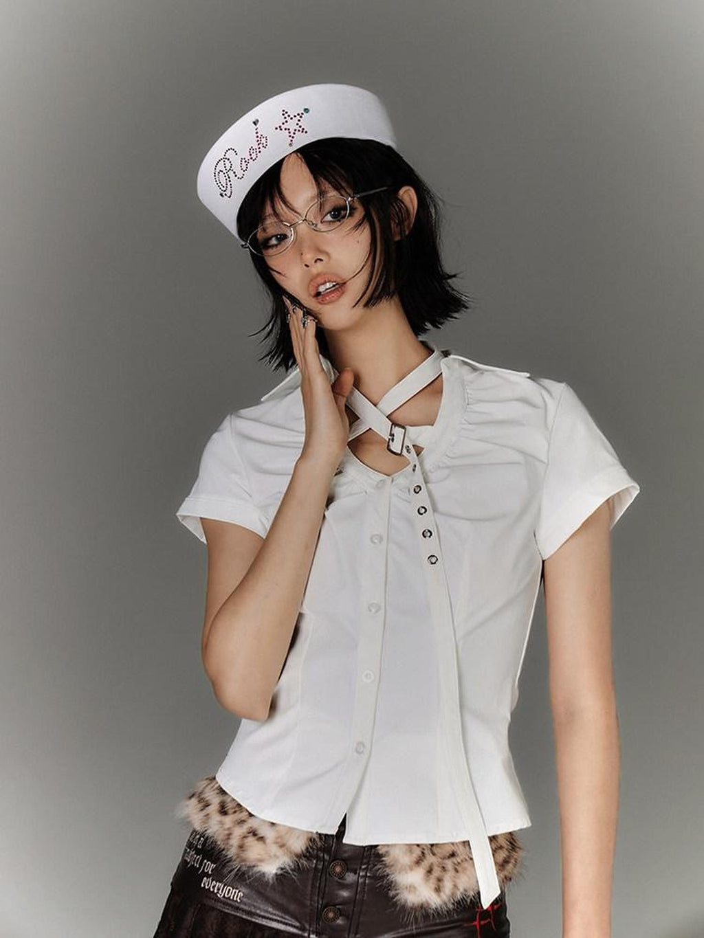 YUKAHOUSE White Butterfly Cutout Y2k Slim Silhouette Women's Nylon Spandex Cropped Shirts