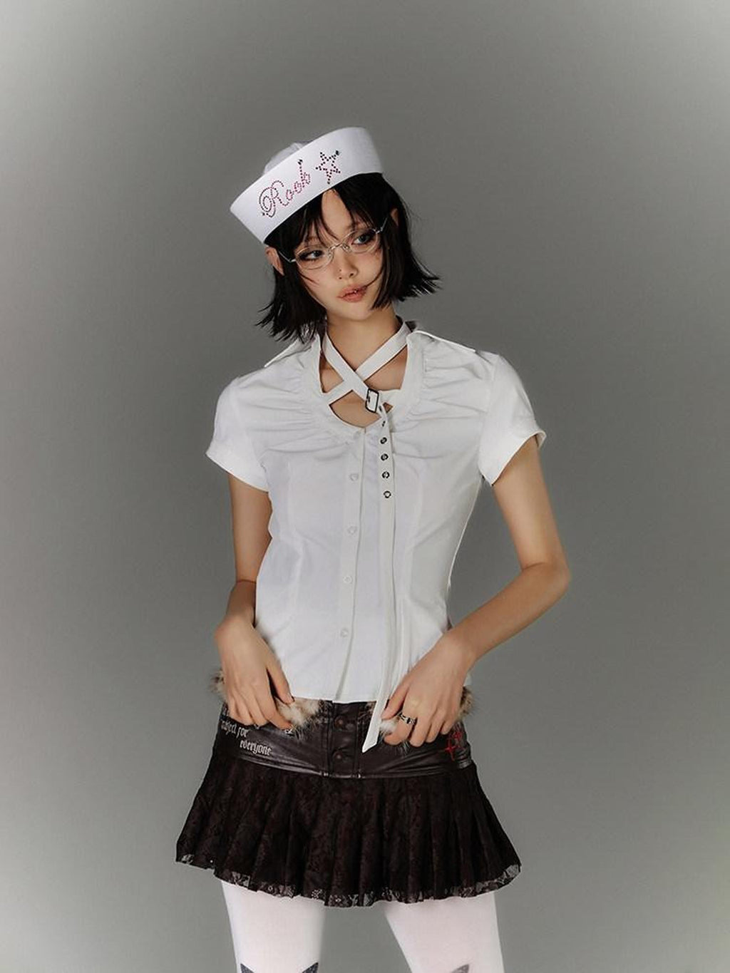 YUKAHOUSE White Butterfly Cutout Y2k Slim Silhouette Women's Nylon Spandex Cropped Shirts