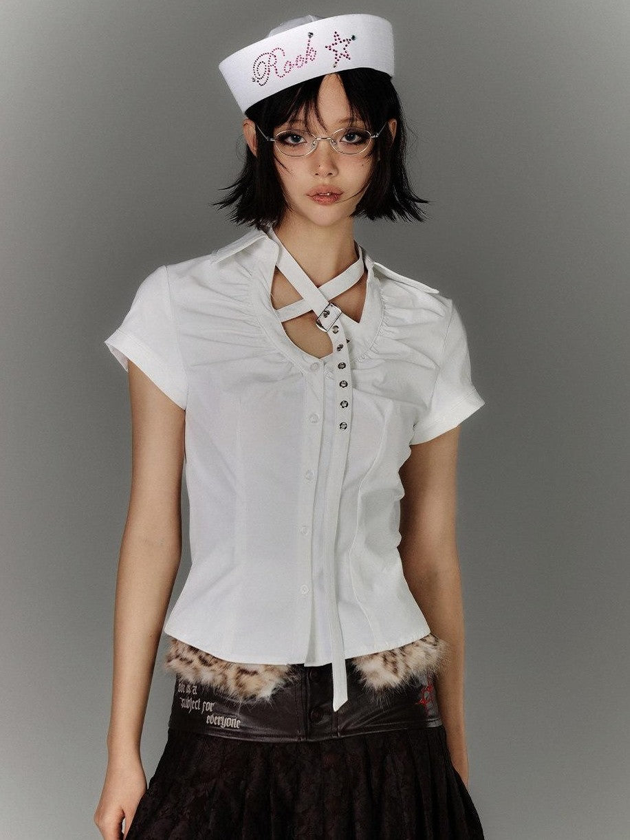 YUKAHOUSE White Butterfly Cutout Y2k Slim Silhouette Women's Nylon Spandex Cropped Shirts