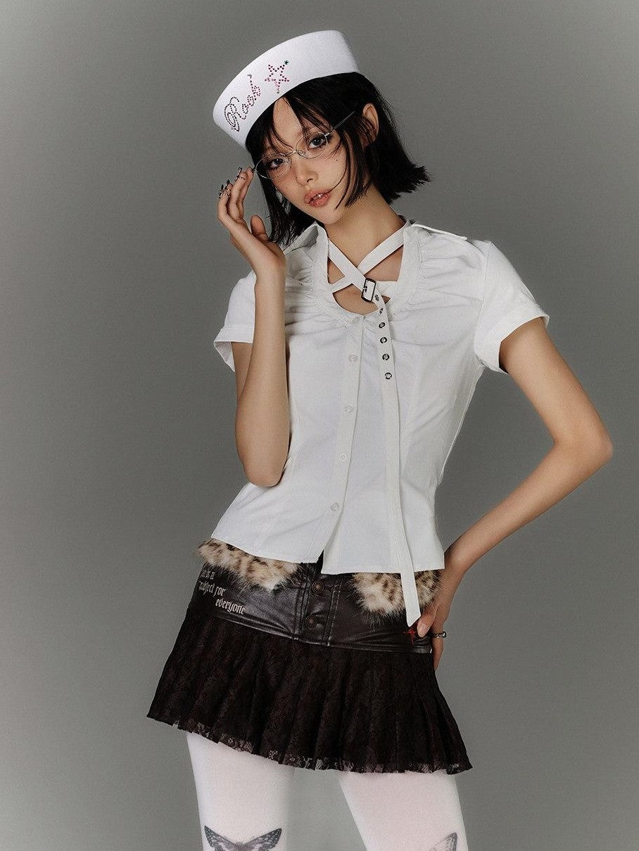 YUKAHOUSE White Butterfly Cutout Y2k Slim Silhouette Women's Nylon Spandex Cropped Shirts