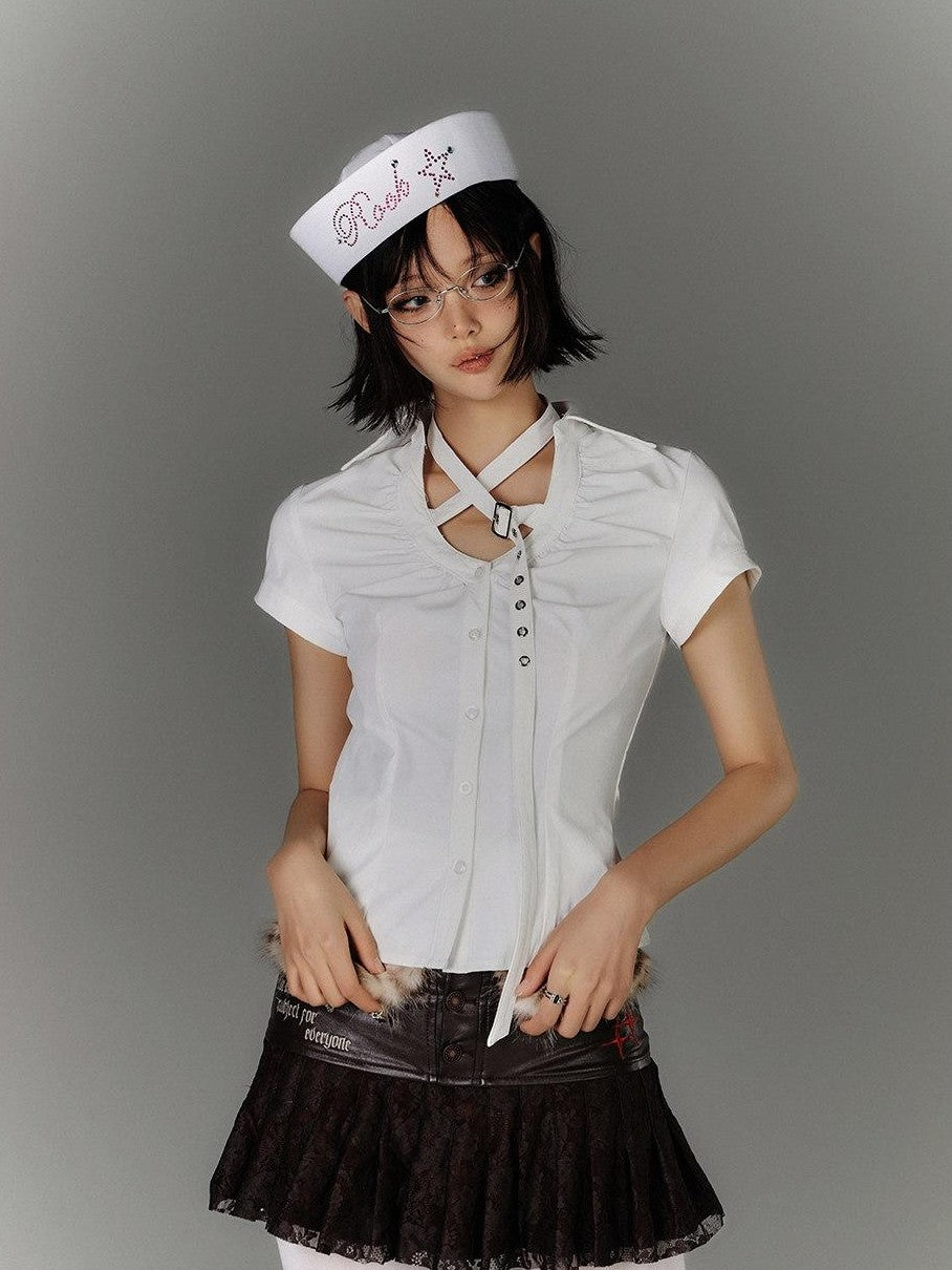 YUKAHOUSE White Butterfly Cutout Y2k Slim Silhouette Women's Nylon Spandex Cropped Shirts