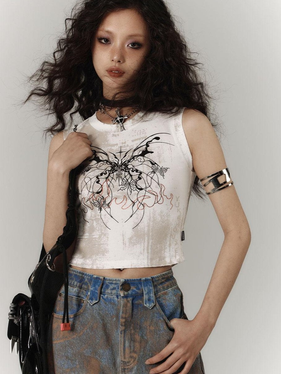 YUKAHOUSE White Cropped Y2k Subculture Print Women's Cotton Viscose Spandex Tank Tops