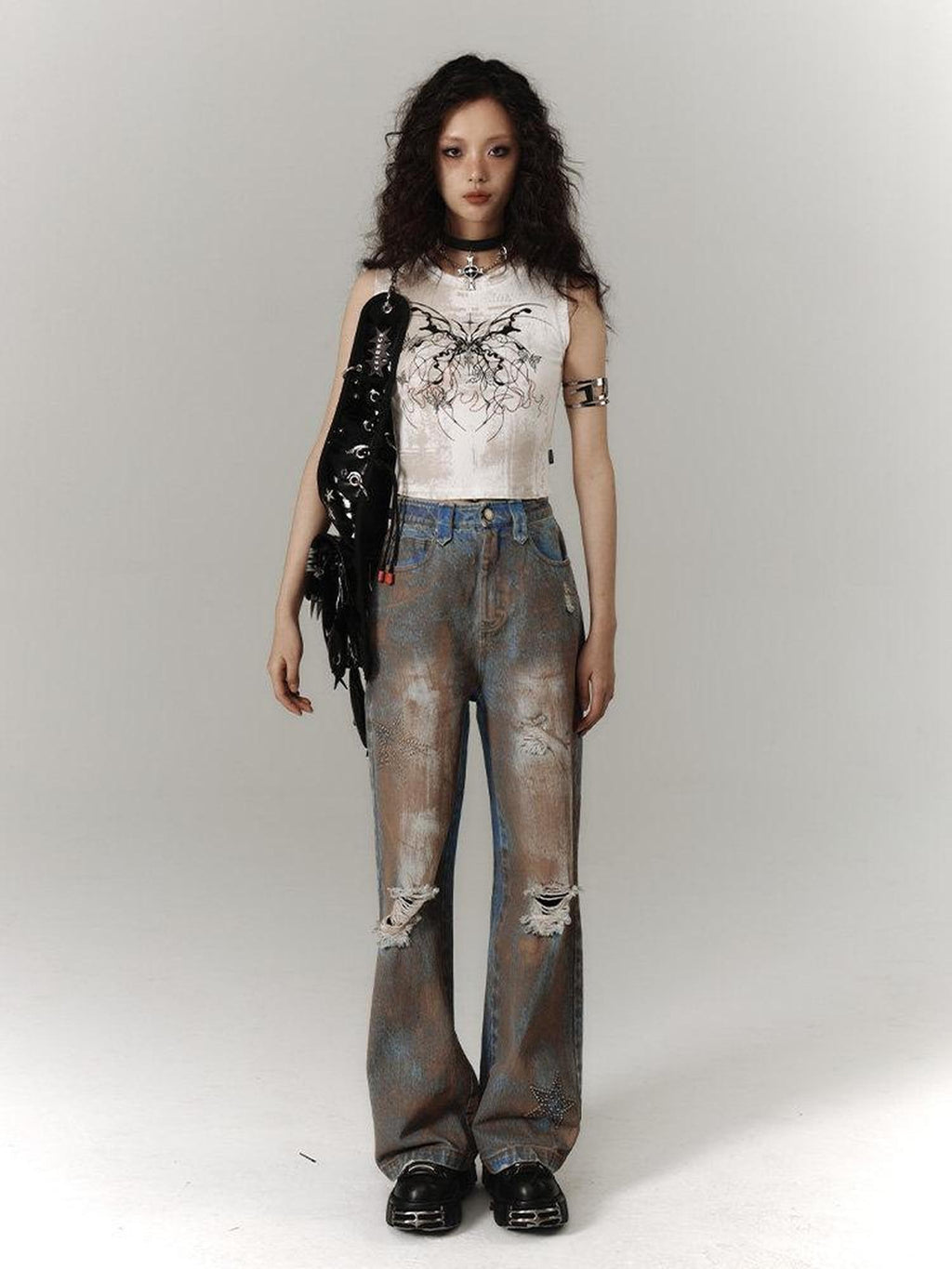 YUKAHOUSE White Cropped Y2k Subculture Print Women's Cotton Viscose Spandex Tank Tops