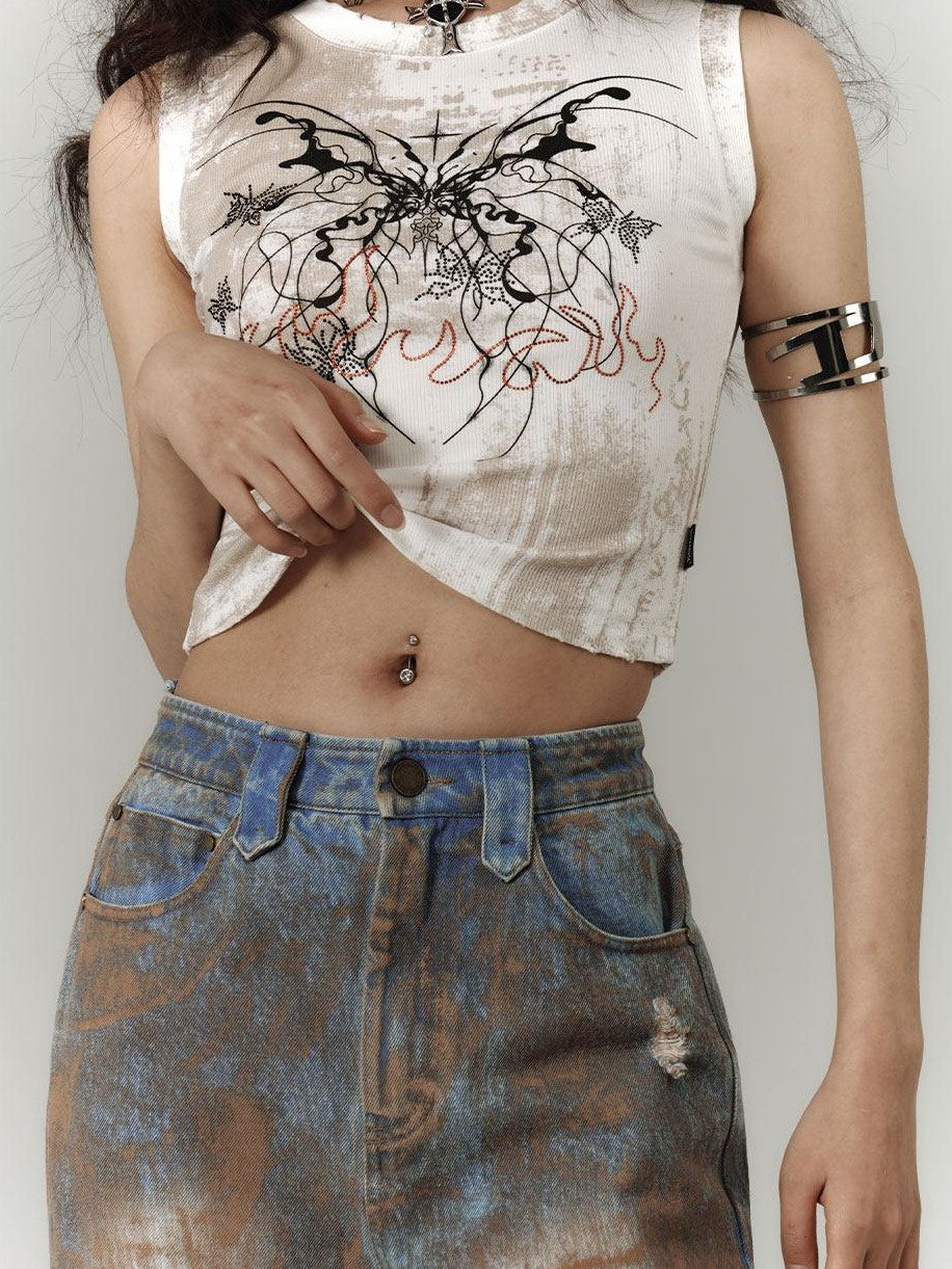 YUKAHOUSE White Cropped Y2k Subculture Print Women's Cotton Viscose Spandex Tank Tops