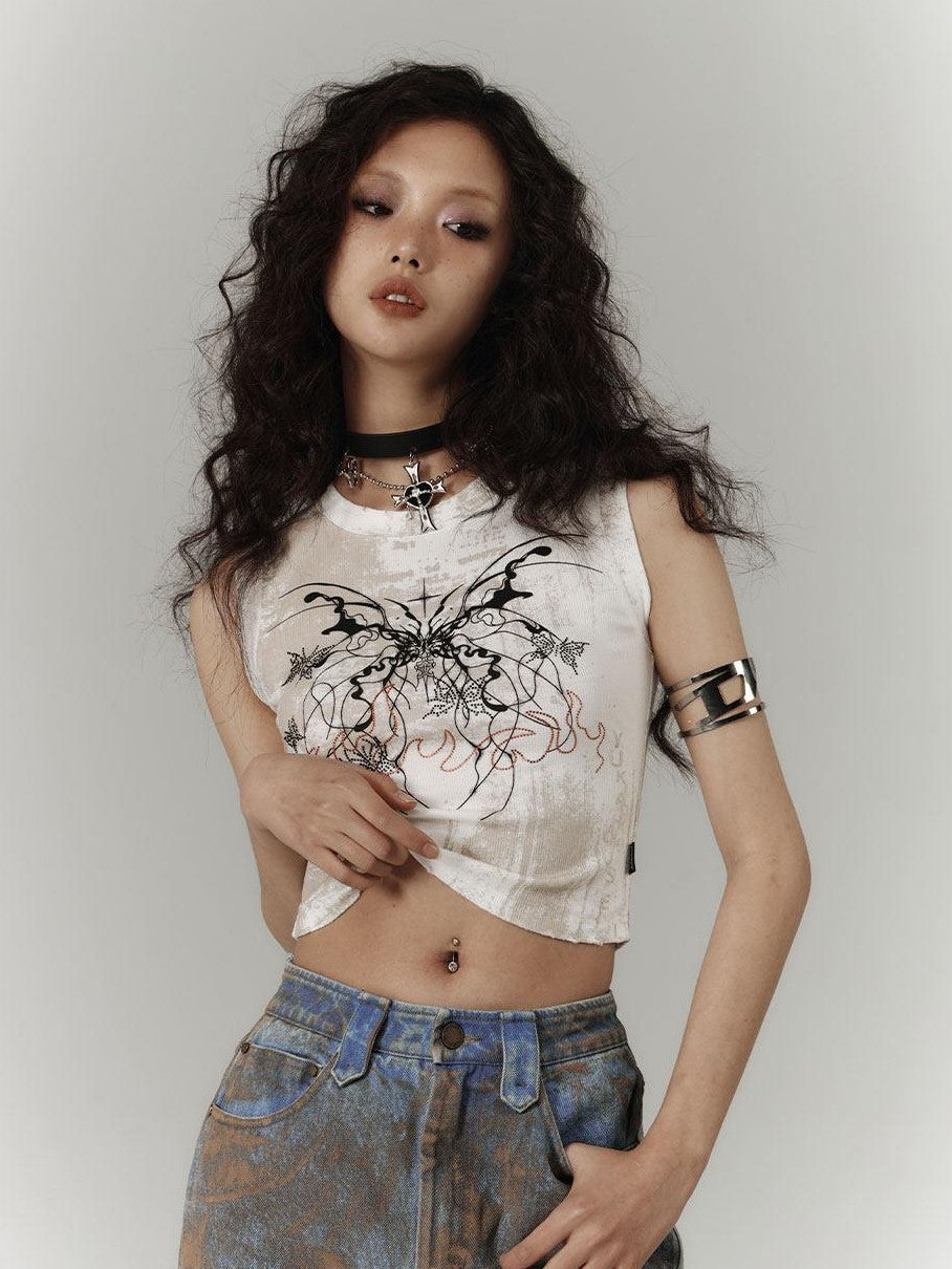 YUKAHOUSE White Cropped Y2k Subculture Print Women's Cotton Viscose Spandex Tank Tops
