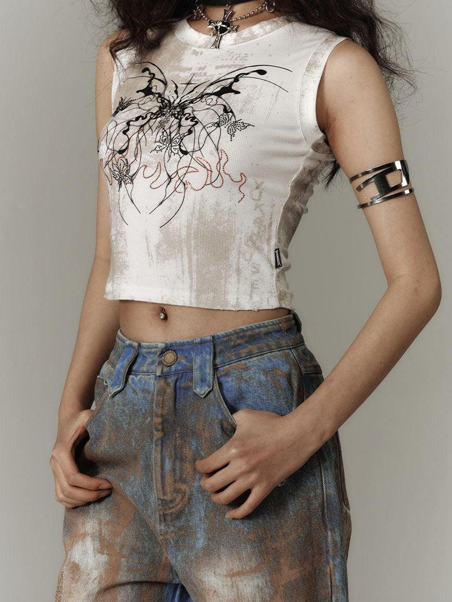 YUKAHOUSE White Cropped Y2k Subculture Print Women's Cotton Viscose Spandex Tank Tops