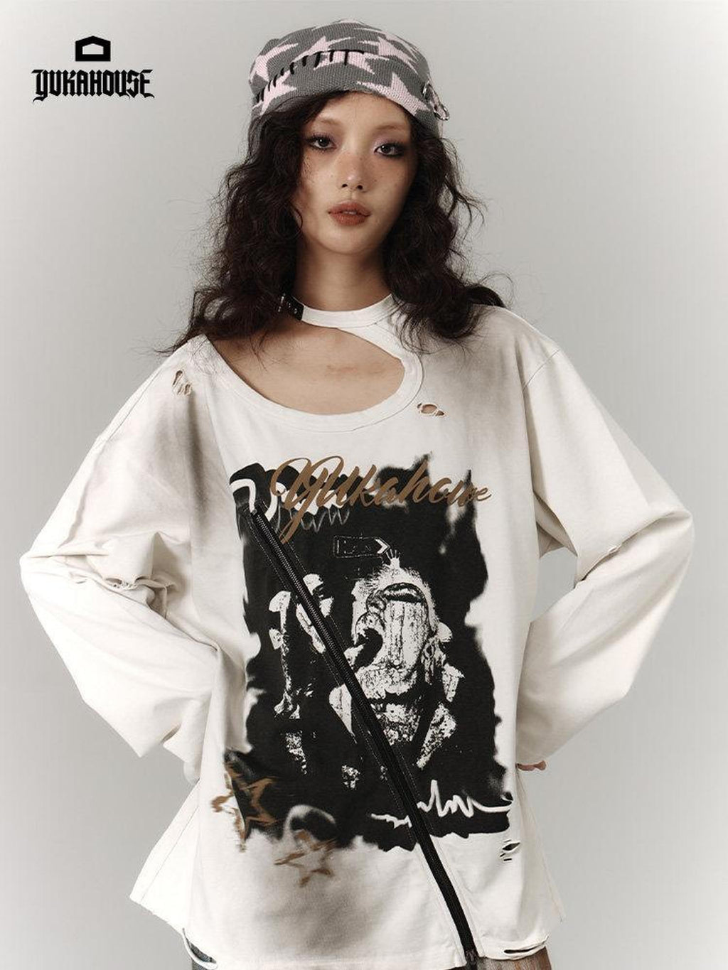 YUKAHOUSE White Distressed Vintage Ripped Washed Women's Cotton Long Sleeve T-shirts