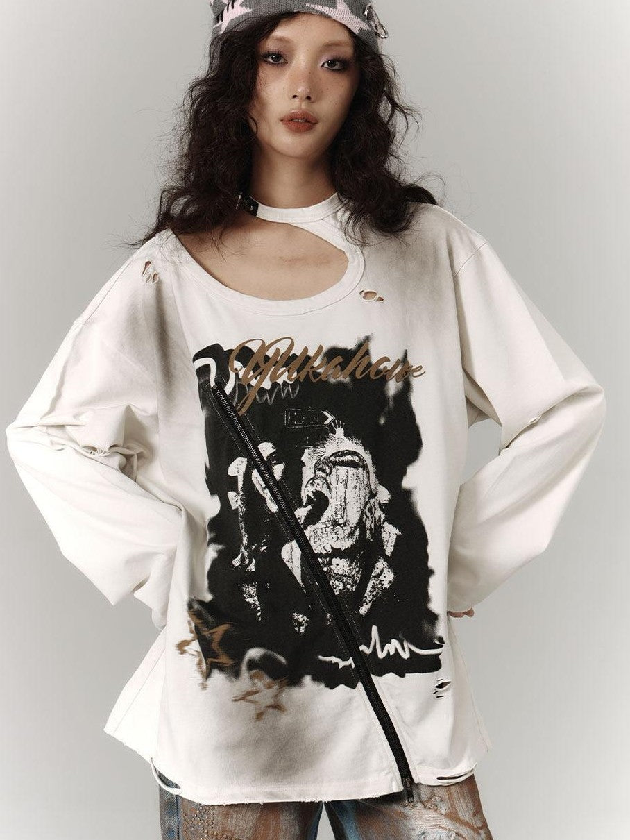 YUKAHOUSE White Distressed Vintage Ripped Washed Women's Cotton Long Sleeve T-shirts