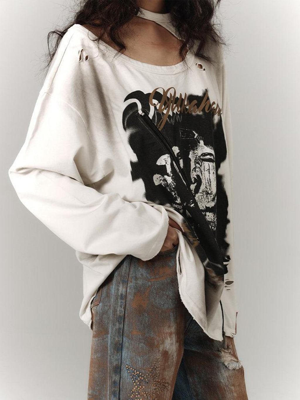 YUKAHOUSE White Distressed Vintage Ripped Washed Women's Cotton Long Sleeve T-shirts