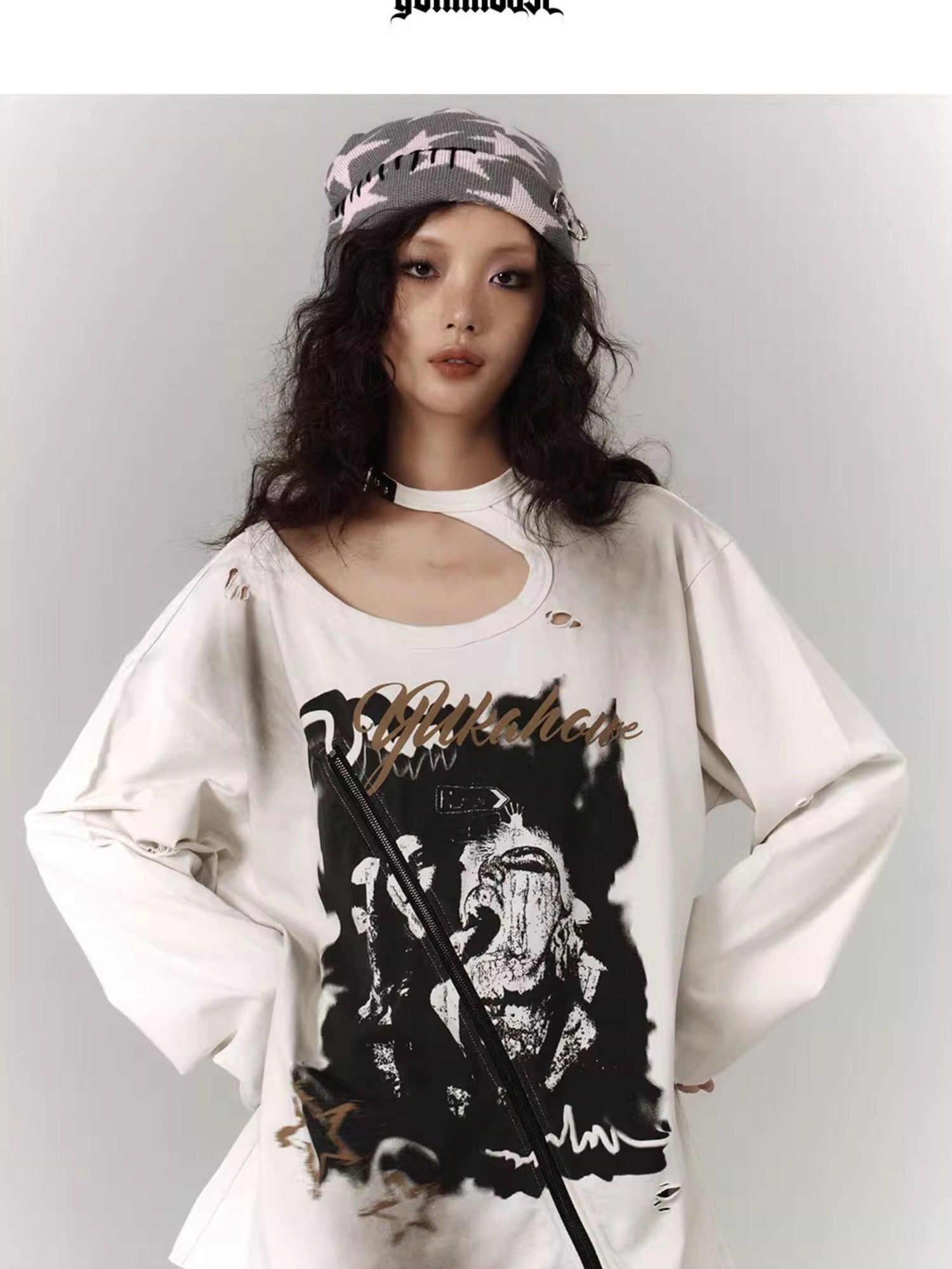 YUKAHOUSE White Distressed Vintage Ripped Washed Women's Cotton Long Sleeve T-shirts