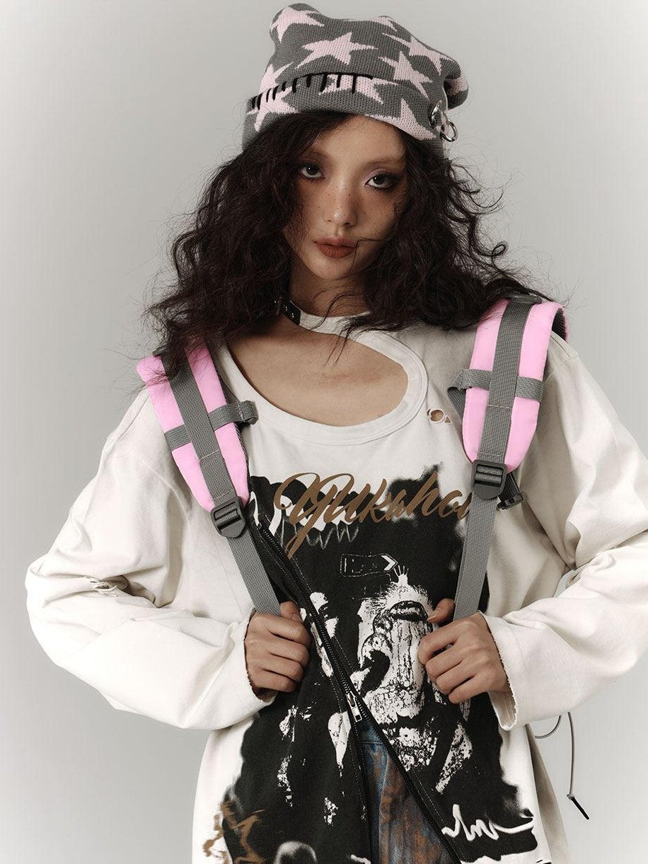 YUKAHOUSE White Distressed Vintage Ripped Washed Women's Cotton Long Sleeve T-shirts