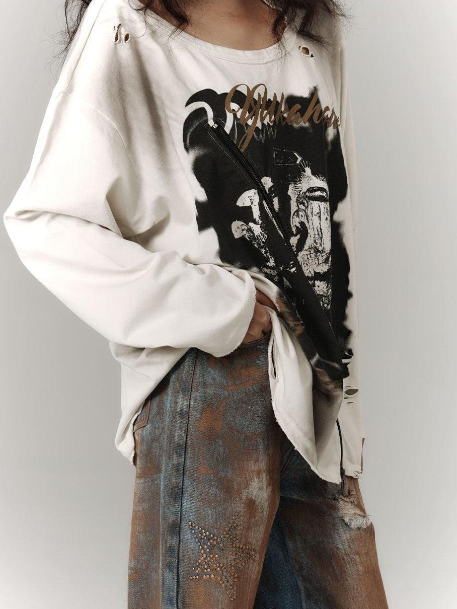 YUKAHOUSE White Distressed Vintage Ripped Washed Women's Cotton Long Sleeve T-shirts