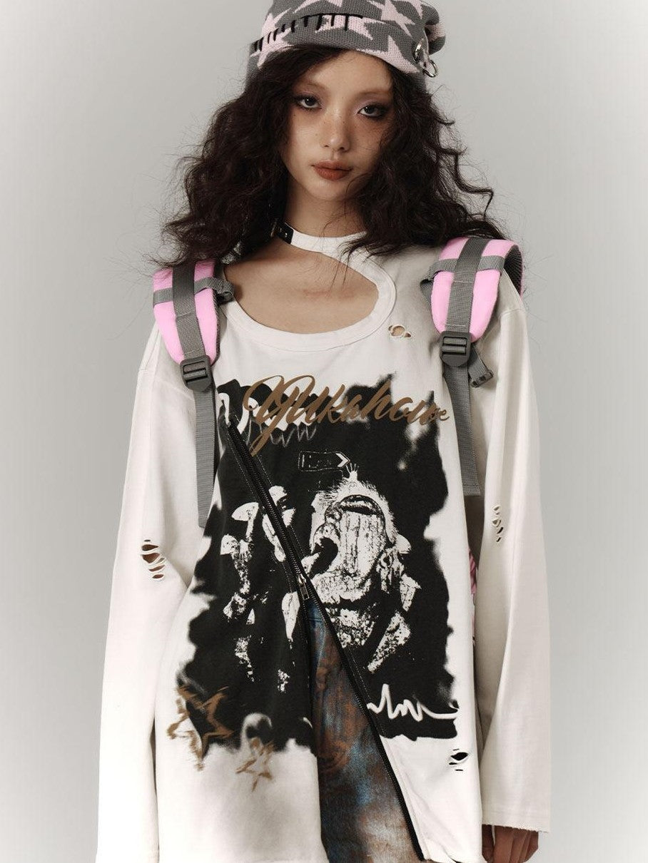 YUKAHOUSE White Distressed Vintage Ripped Washed Women's Cotton Long Sleeve T-shirts