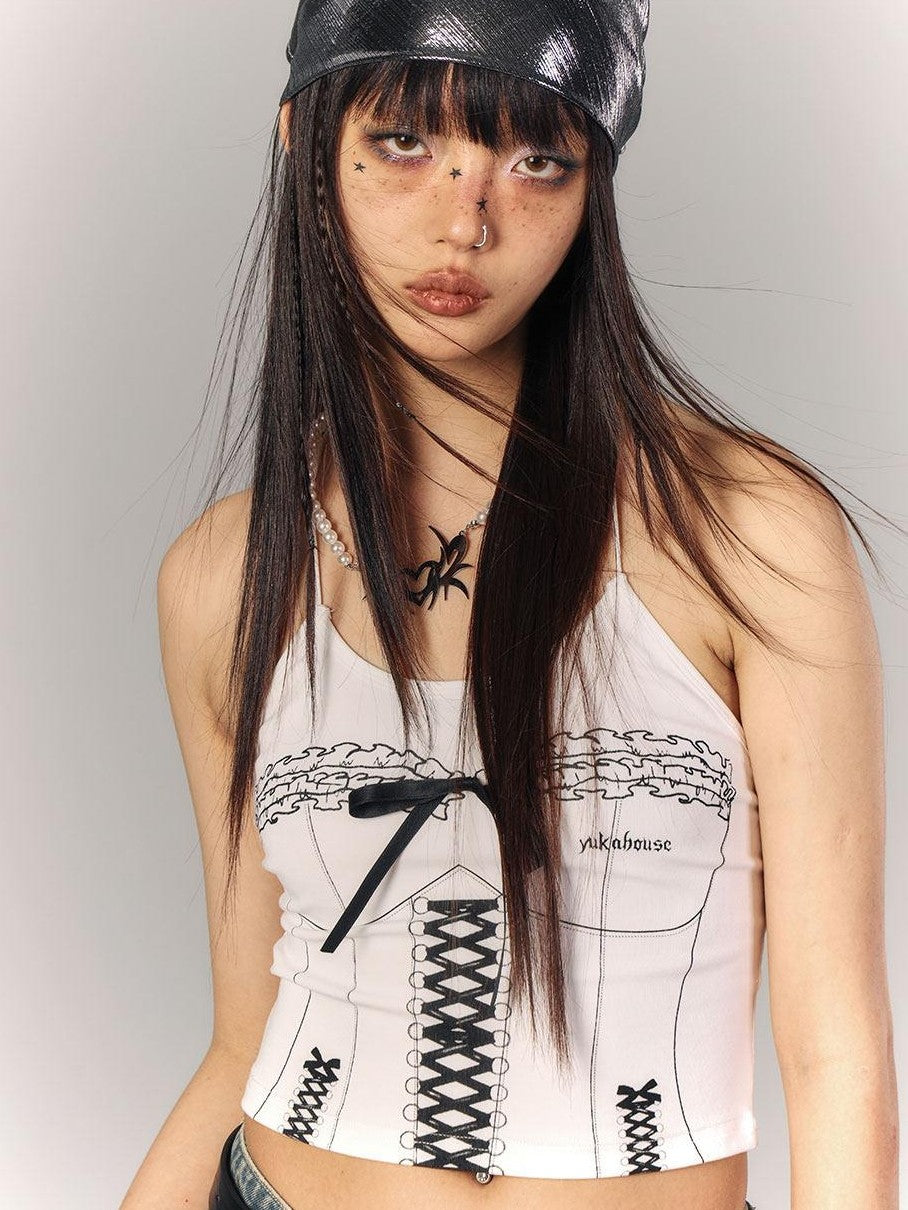 YUKAHOUSE White Graffiti Print Slim Cropped Women's Viscose Cotton Spandex Camisoles