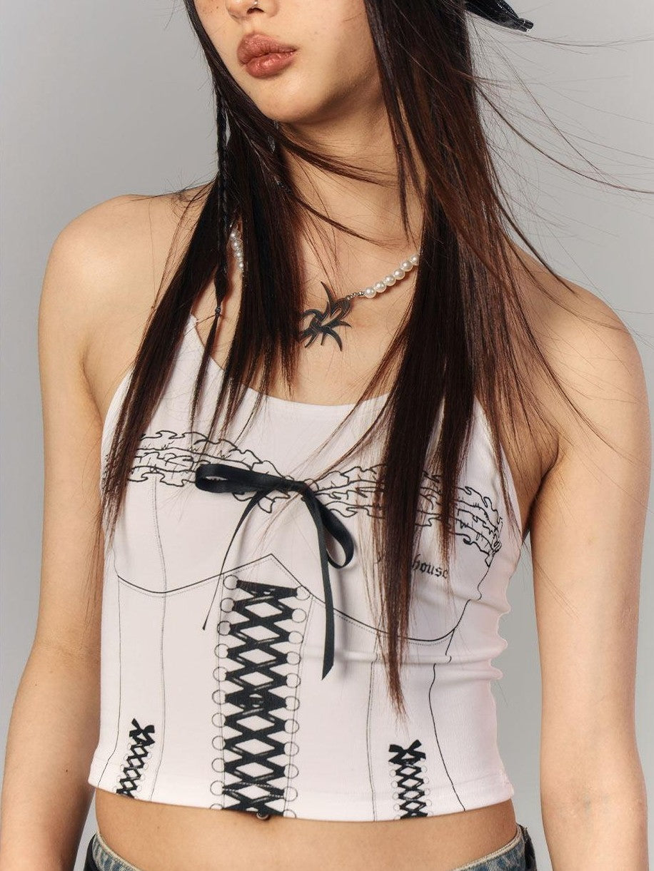 YUKAHOUSE White Graffiti Print Slim Cropped Women's Viscose Cotton Spandex Camisoles