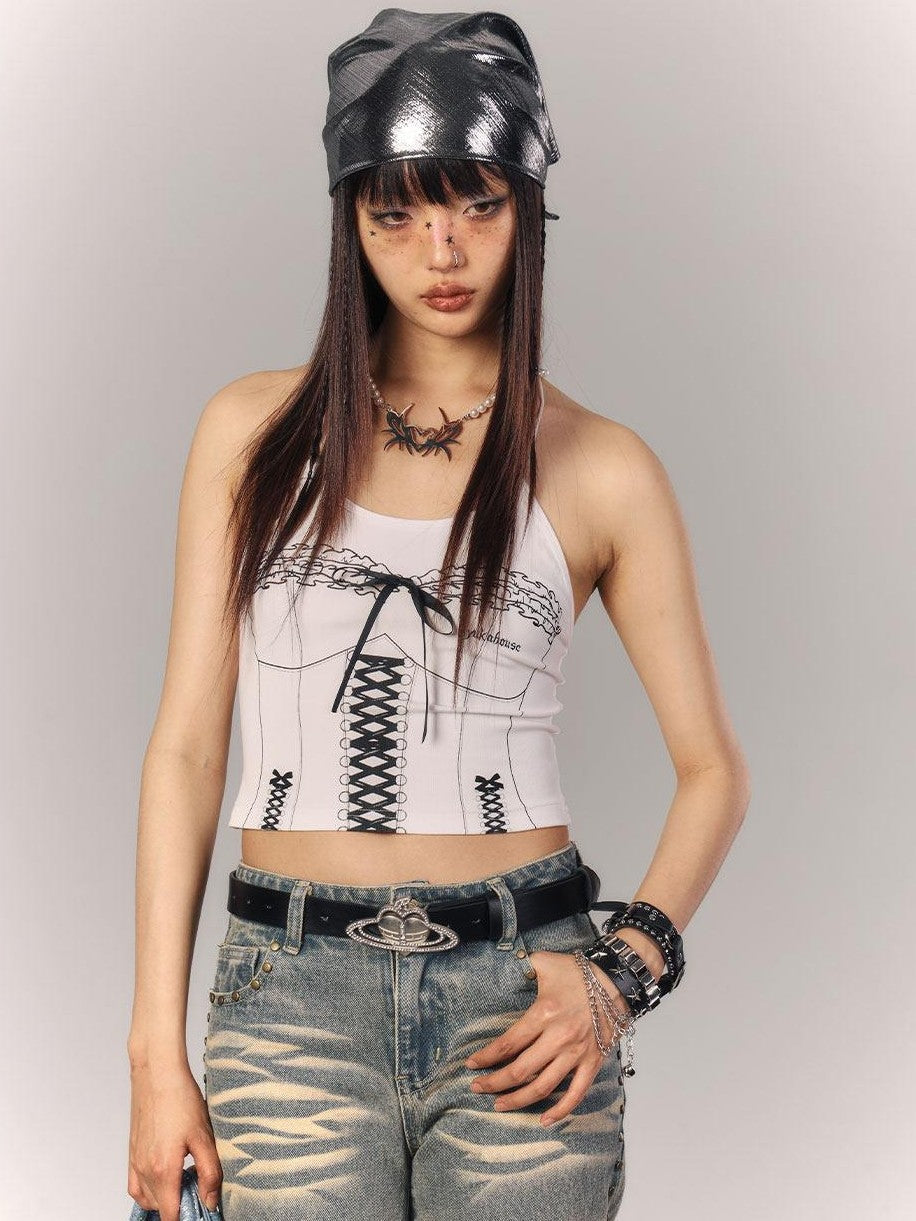 YUKAHOUSE White Graffiti Print Slim Cropped Women's Viscose Cotton Spandex Camisoles