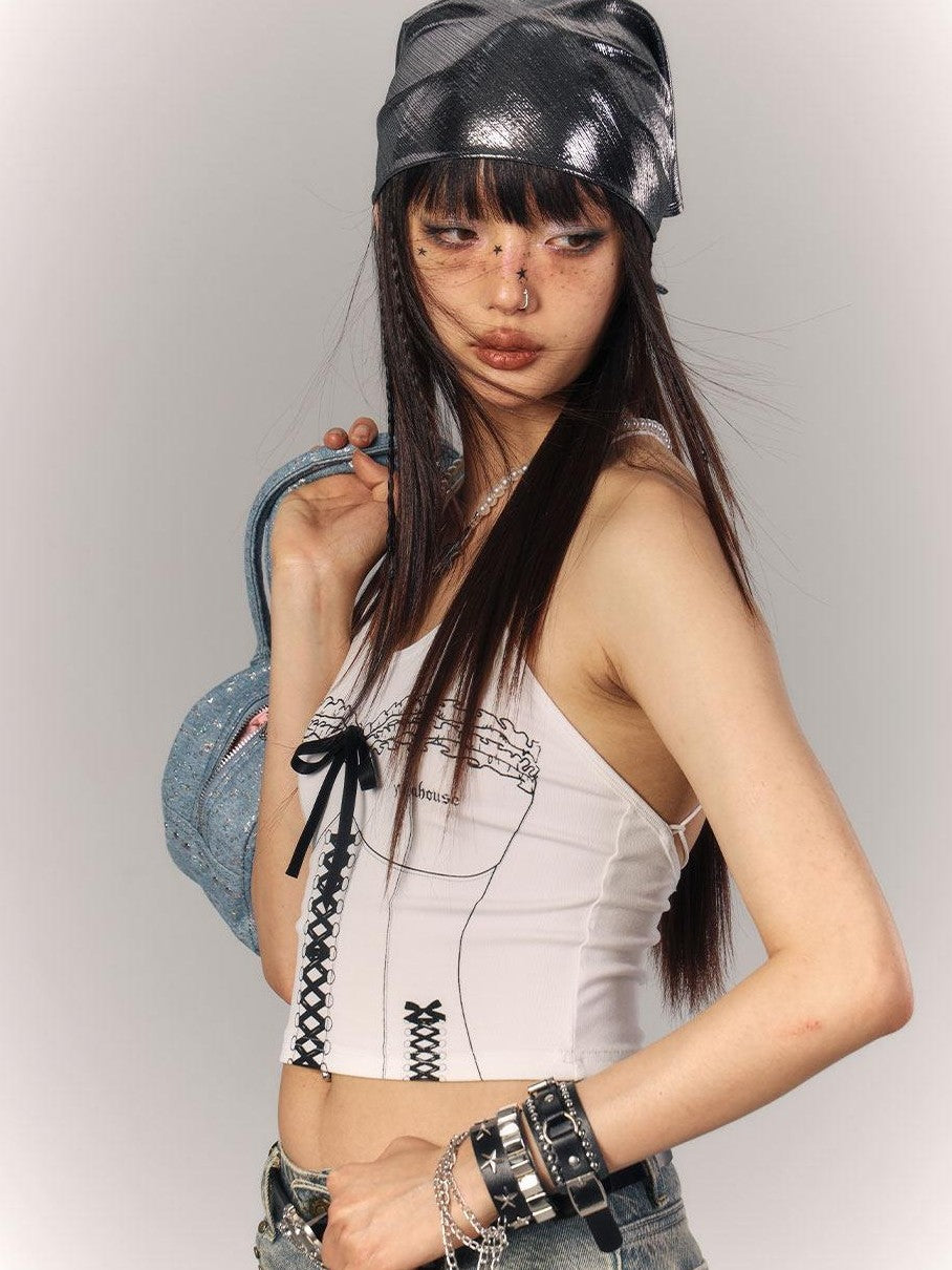 YUKAHOUSE White Graffiti Print Slim Cropped Women's Viscose Cotton Spandex Camisoles