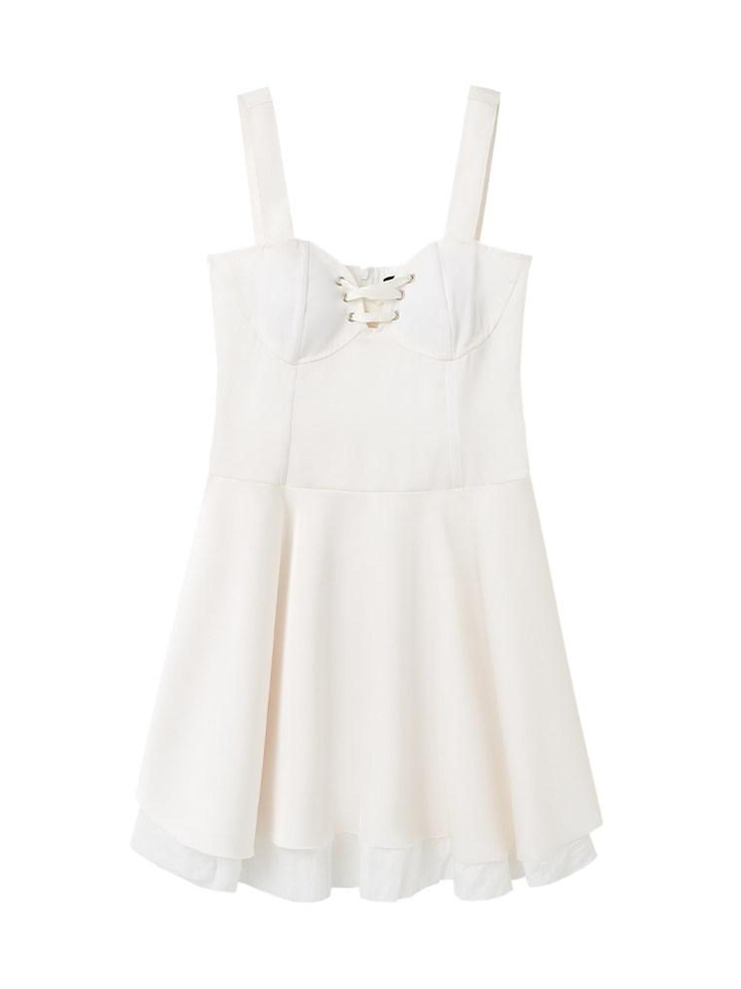 YUKAHOUSE White Tie Waist A Line Sleeveless Women's Polyester Slip Mini Dresses
