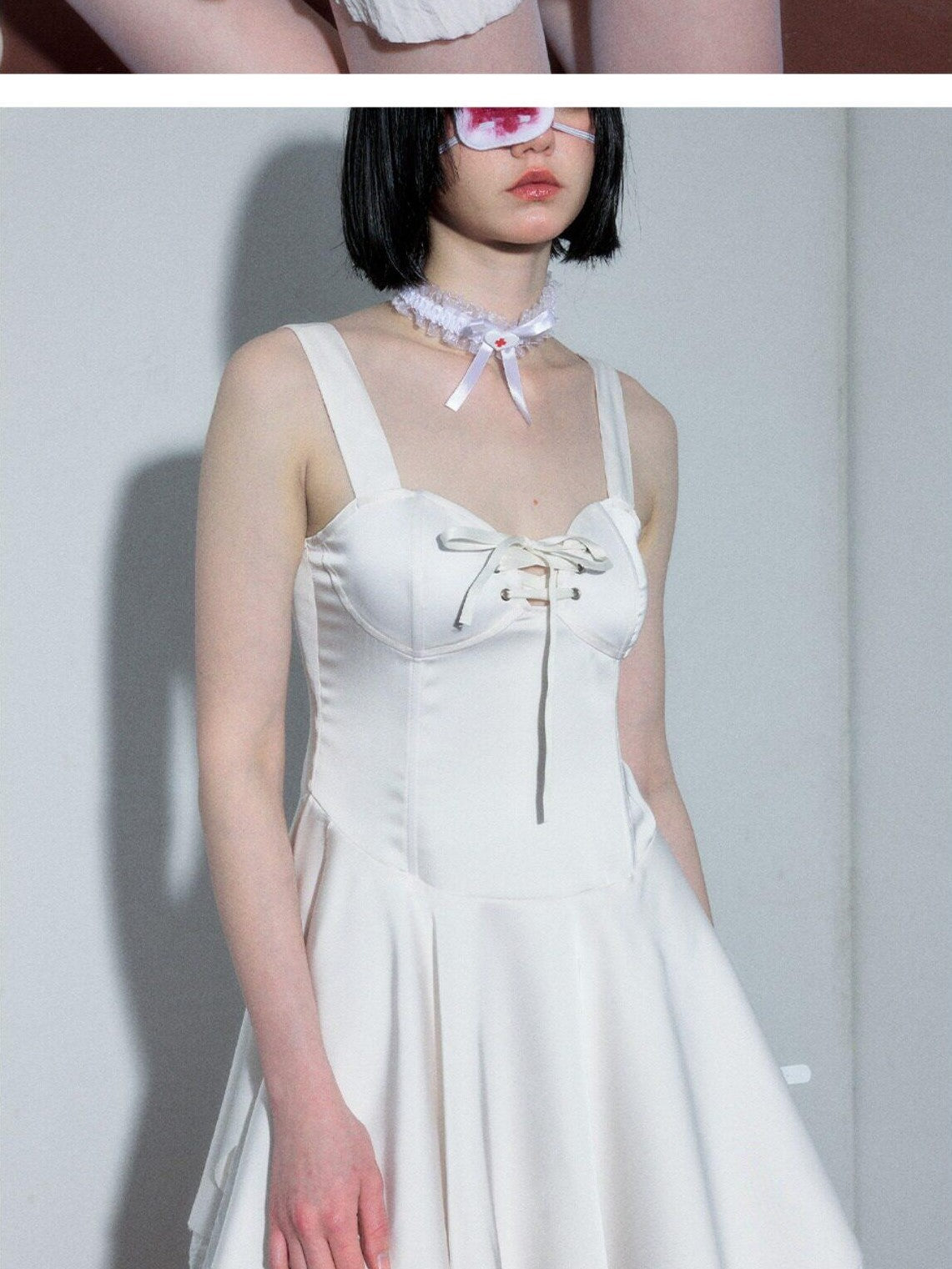 YUKAHOUSE White Tie Waist A Line Sleeveless Women's Polyester Slip Mini Dresses