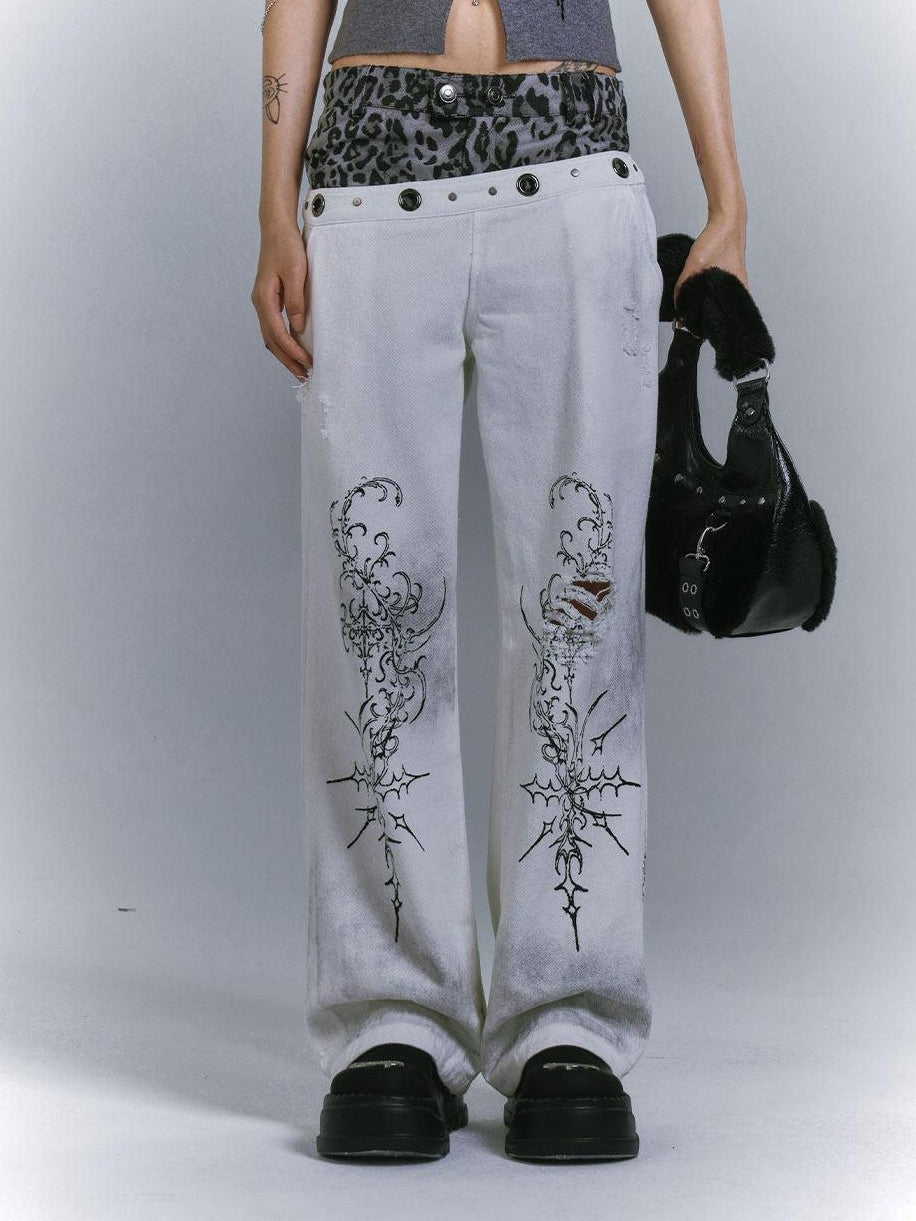 YUKAHOUSE White Vintage Graffiti Distressed Women's Denim Straight-leg Jeans