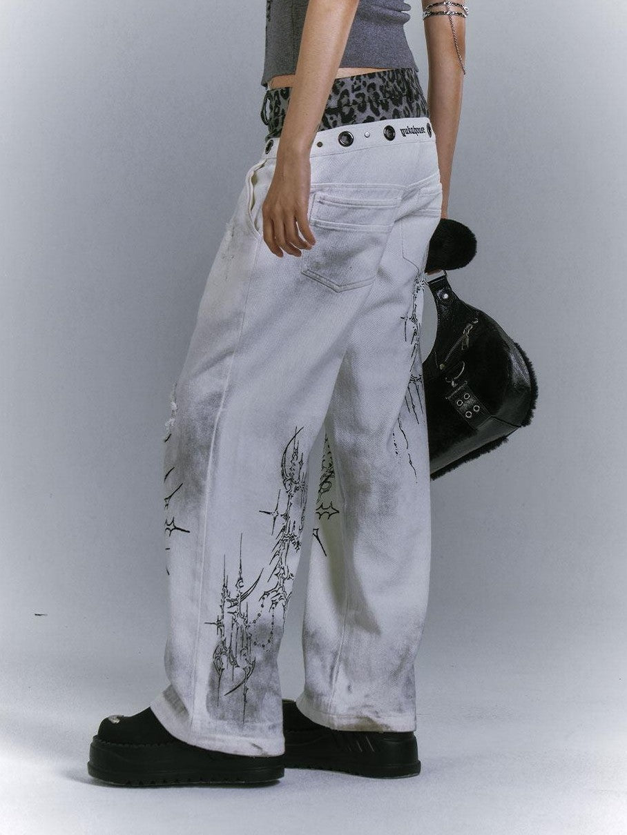 YUKAHOUSE White Vintage Graffiti Distressed Women's Denim Straight-leg Jeans