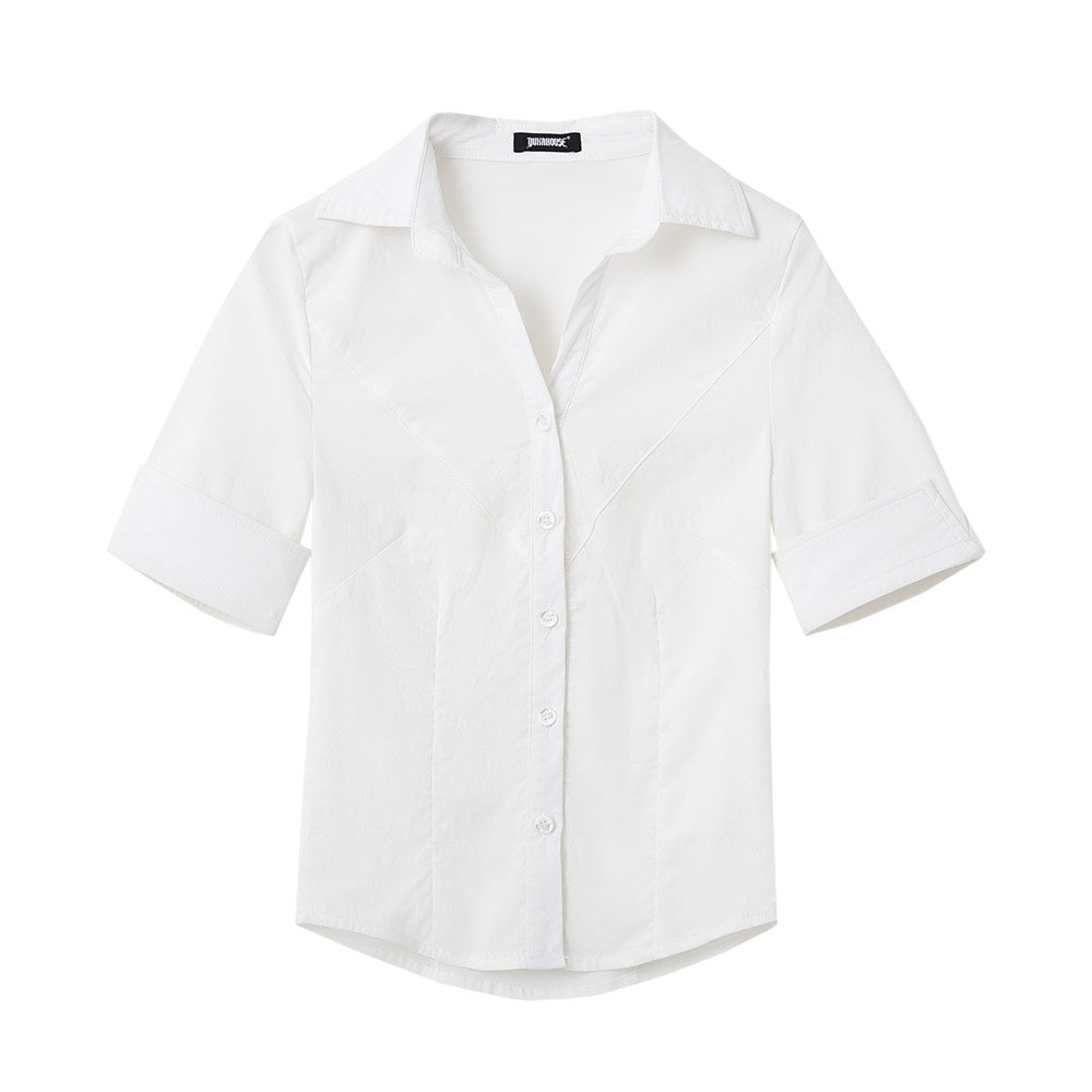 YUKAHOUSE_White_Waist_Cinched_Slim_Fit_Button_Stand_Collar_Women's_Cotton_Blend_Blouses_669309549136_MISSTT
