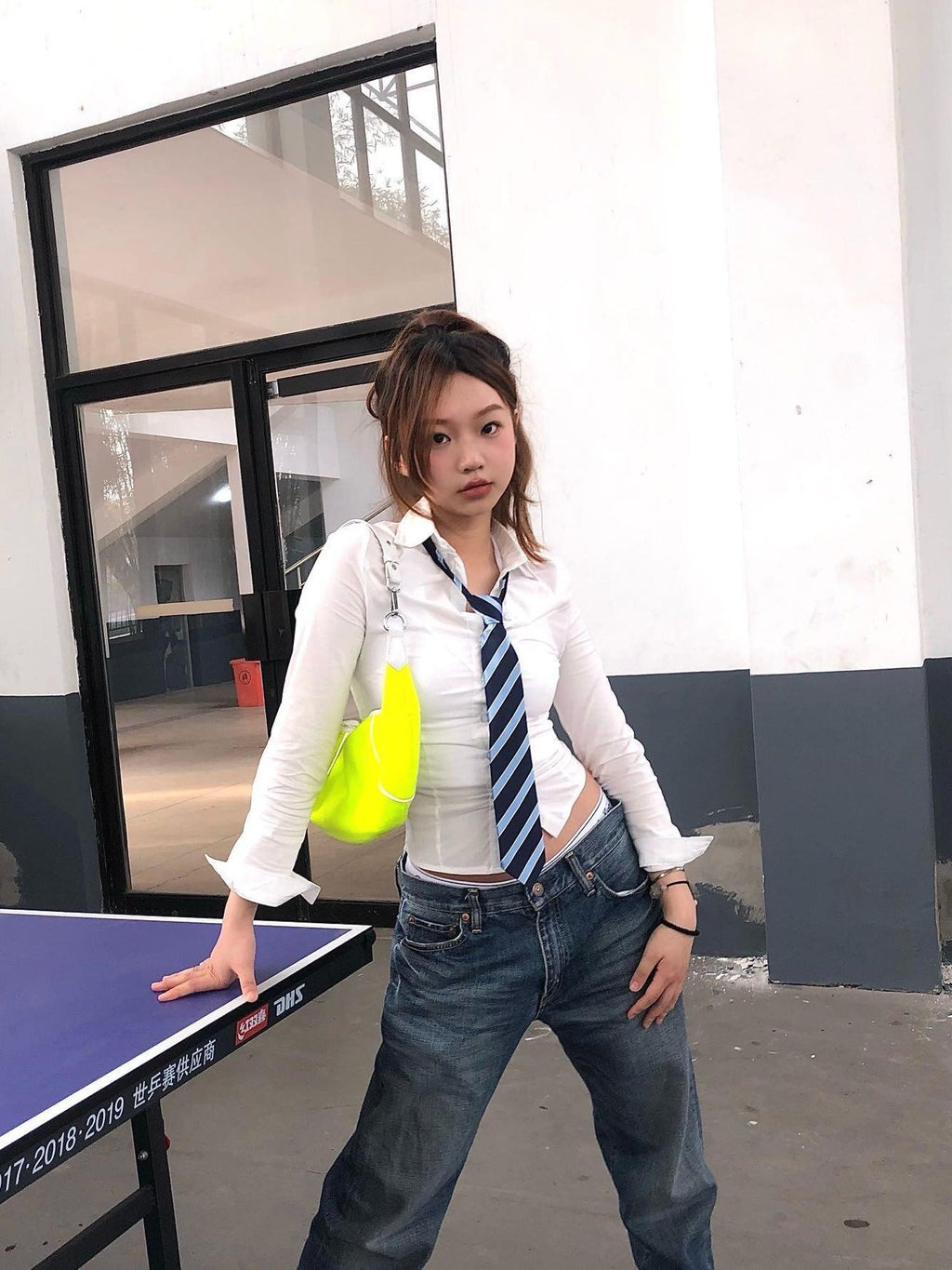 YUKAHOUSE White Waist Cinched Slim Fit Button Stand Collar Women's Cotton Blend Blouses