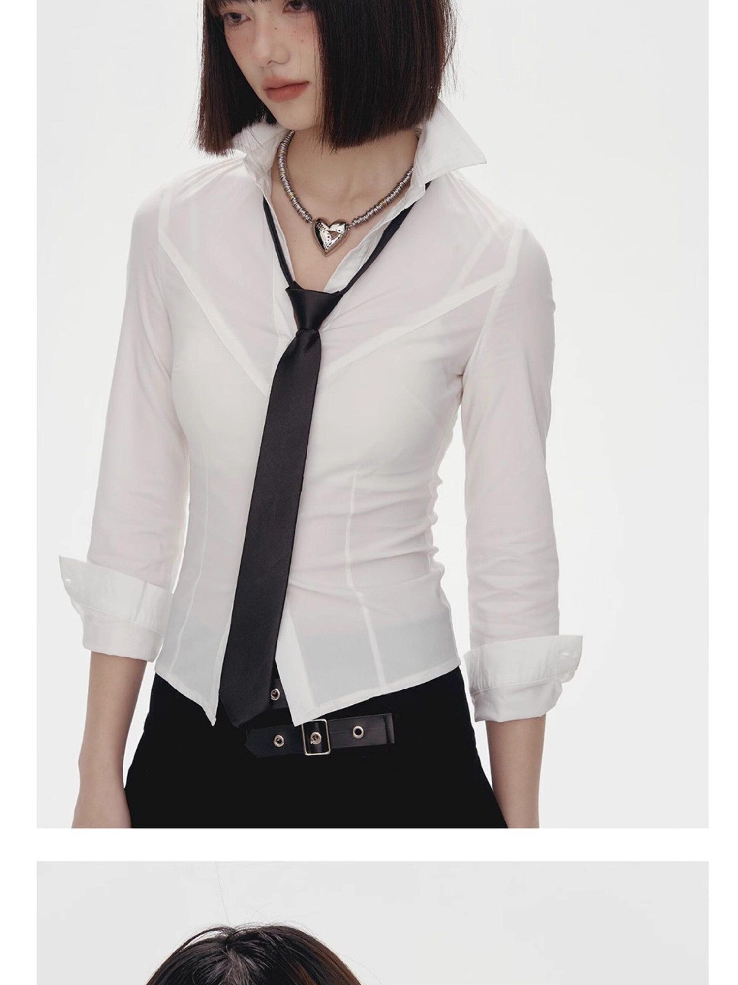 YUKAHOUSE White Waist Cinched Slim Fit Button Stand Collar Women's Cotton Blend Blouses