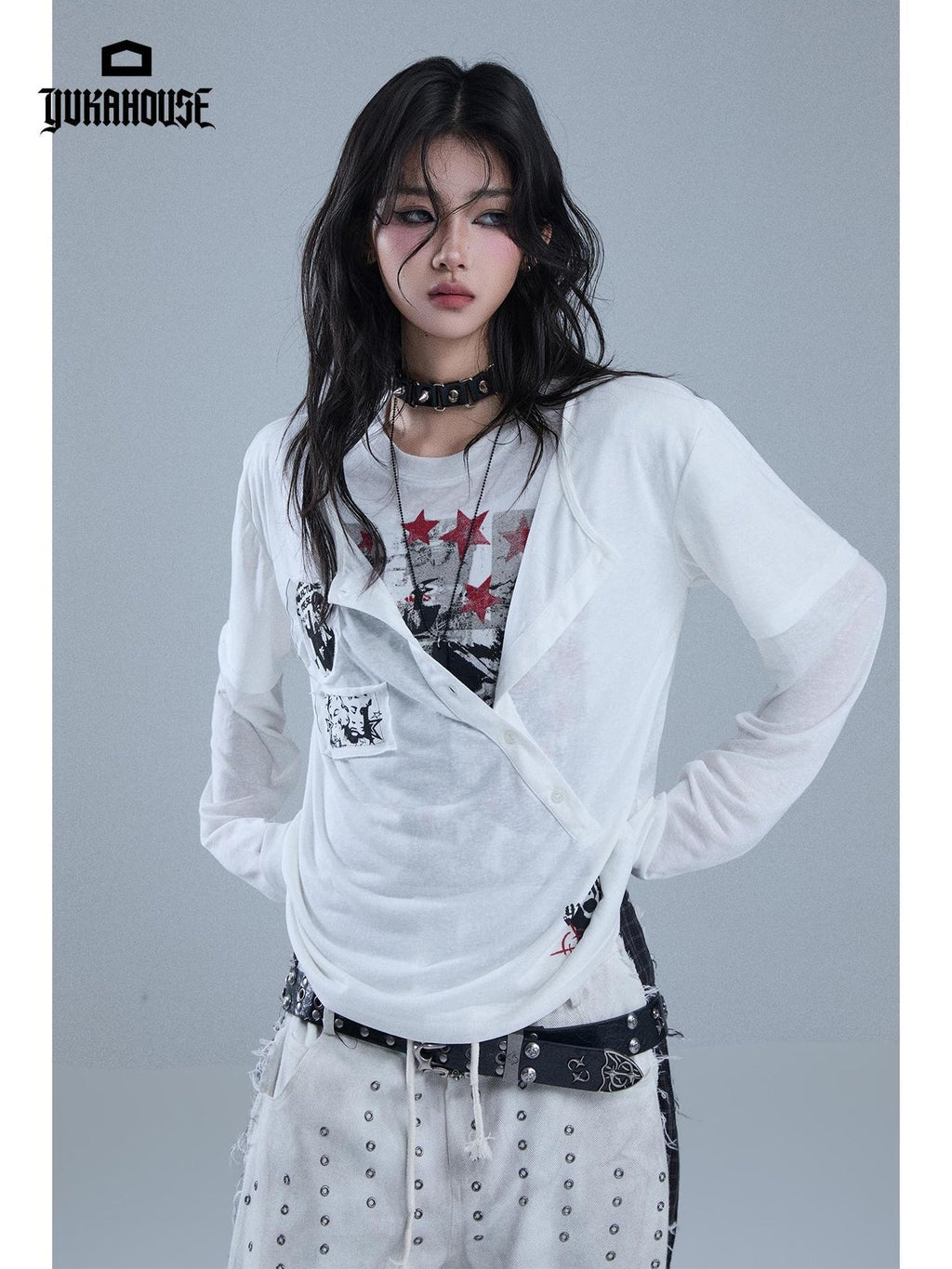 YUKAHOUSE Y2k Patchwork Print Faux Layered Gothic Women's Lyocell Long Sleeve T-shirts