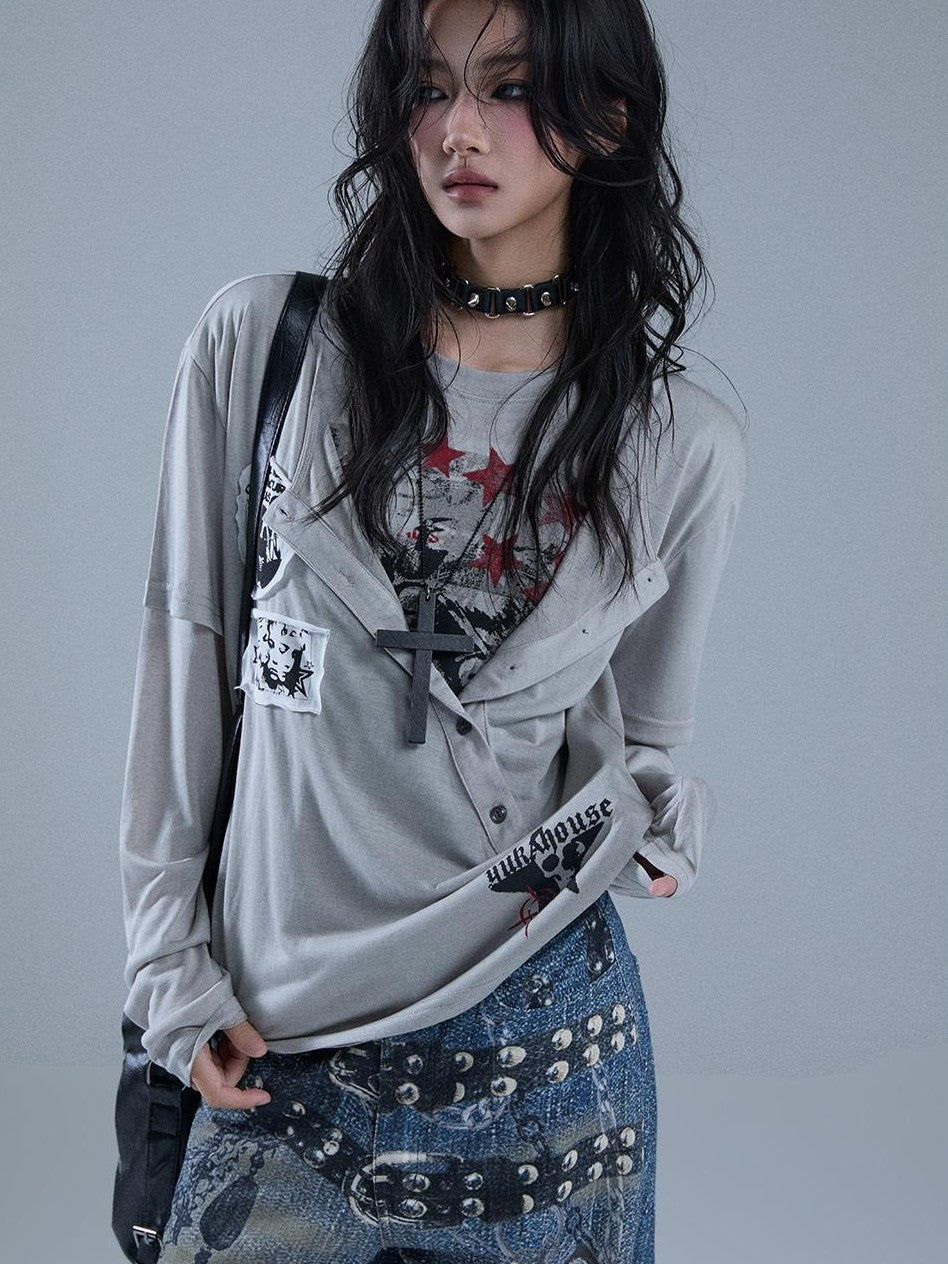 YUKAHOUSE Y2k Patchwork Print Faux Layered Gothic Women's Lyocell Long Sleeve T-shirts