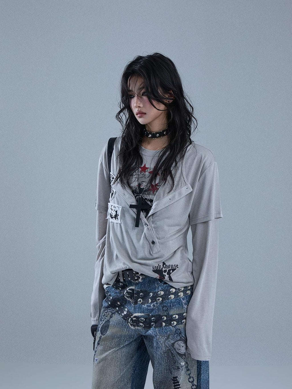 YUKAHOUSE Y2k Patchwork Print Faux Layered Gothic Women's Lyocell Long Sleeve T-shirts